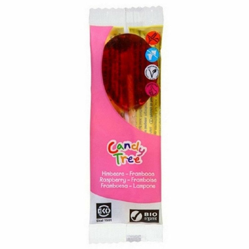 Verpackte Süßigkeit mit Himbeergeschmack. Rosa Verpackung mit Logo "Candy Tree" und Bio-Siegel. Sichtbare Süßigkeit in Rot.