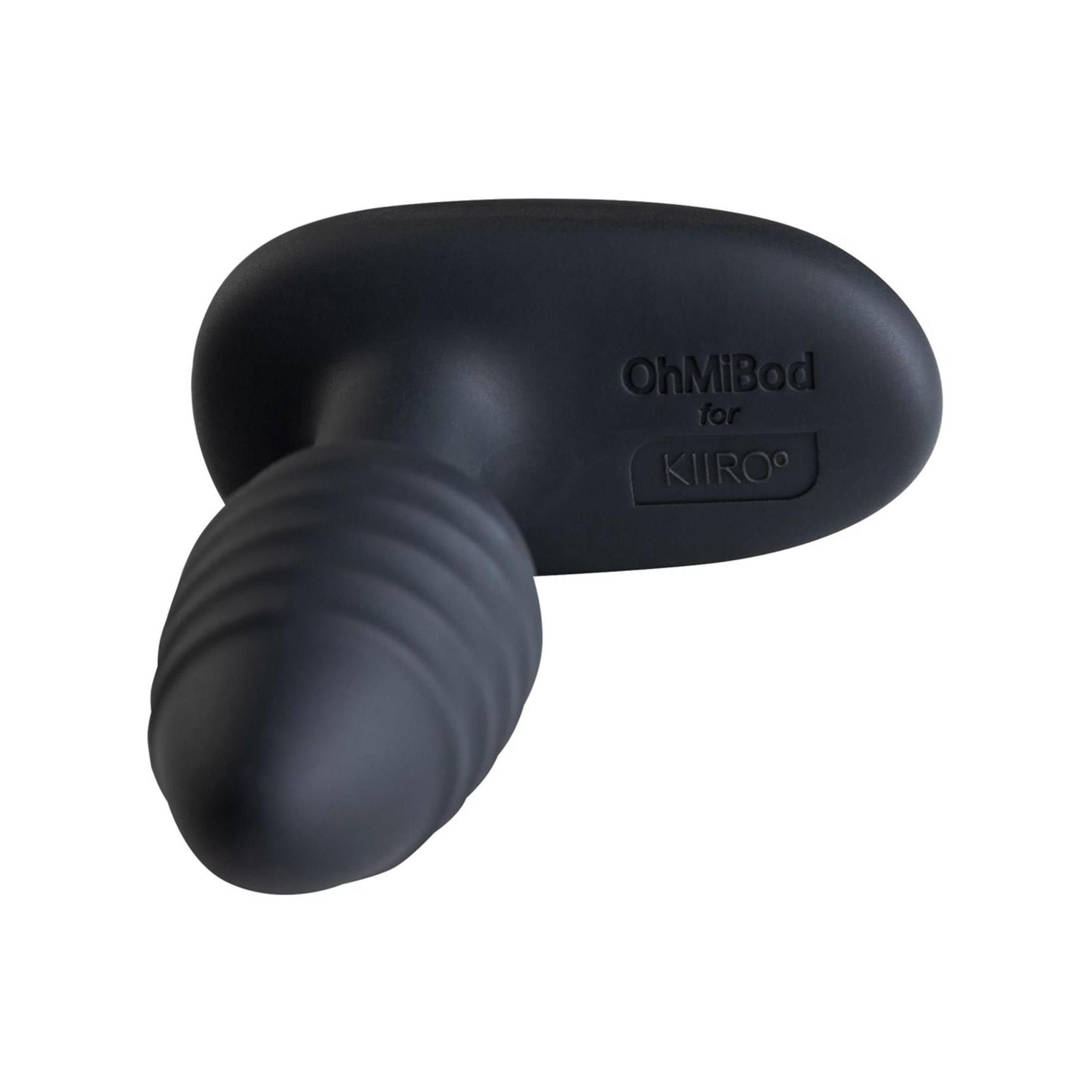 Schwarzes Wellness-Produkt mit geriffelter Spitze und ovalem Griff. Auf dem Griff steht "OhMiBod for Kiiroo".
