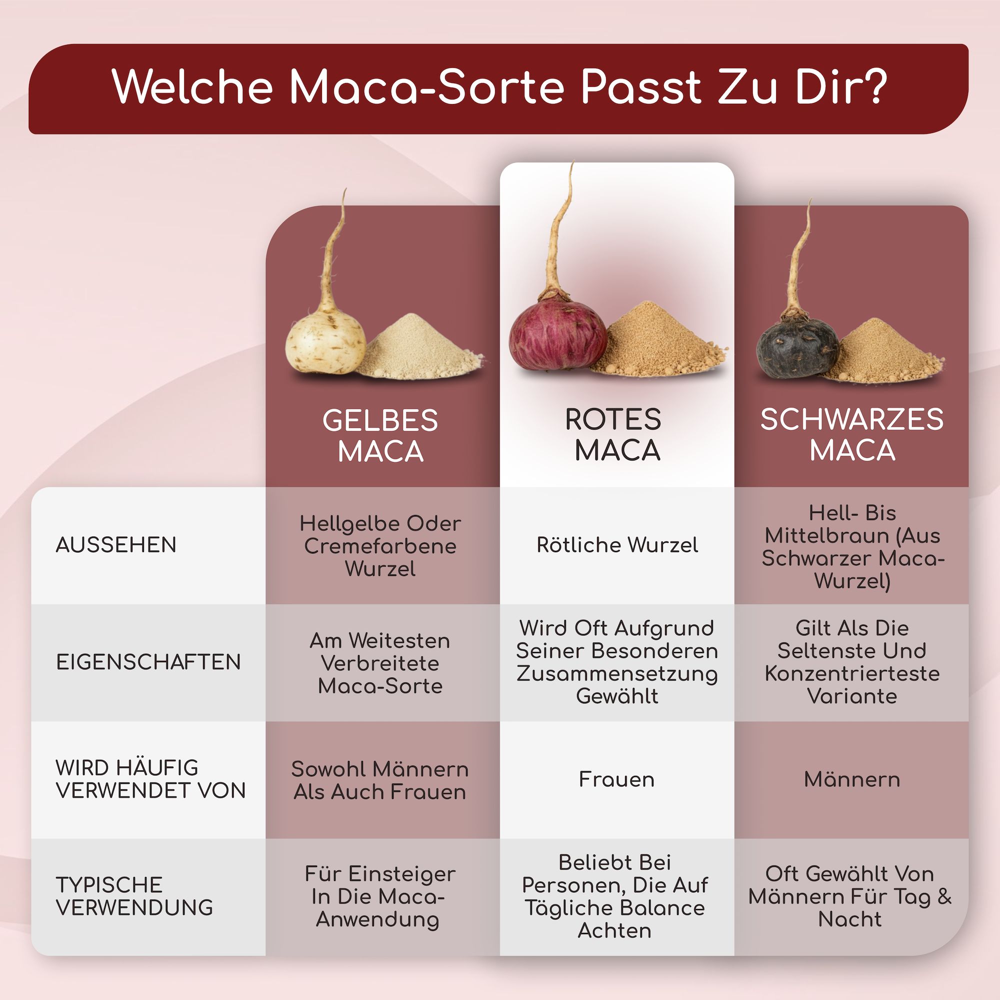 Vergleich von Maca-Sorten: Gelb, Rot, Schwarz. Informationen zu Aussehen, Eigenschaften, Verwendung und Anwendern.