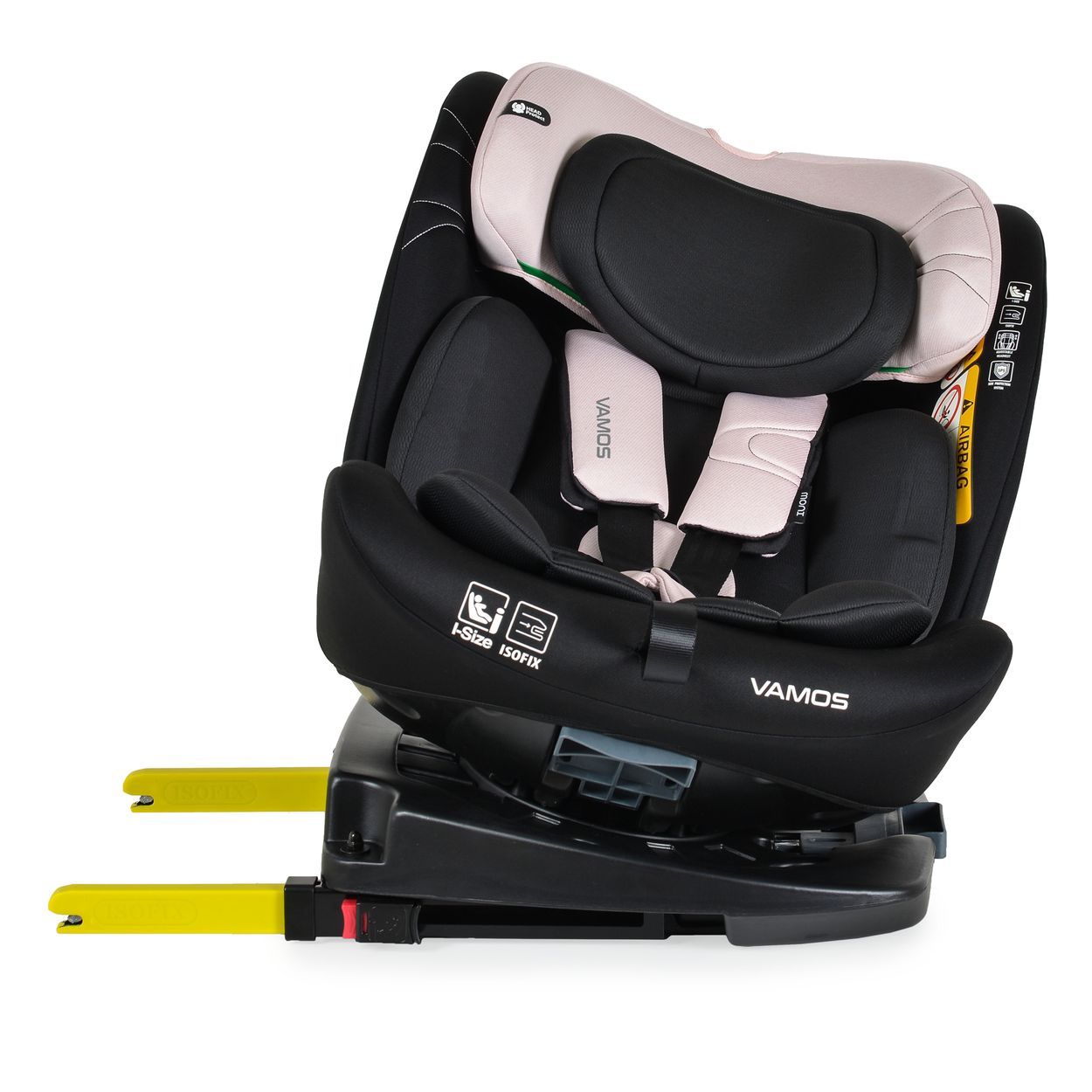 Schwarzer Kindersitz mit rosa Akzenten, verstellbarer Kopfstütze und 5-Punkt-Gurt.