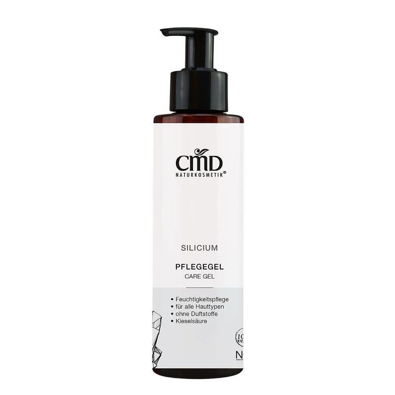 Flasche mit schwarzem Pumpkopf. Aufschrift: CMD Naturkosmetik, Silicium Pflegegel. Eigenschaften: Feuchtigkeitspflege, für alle Hauttypen, ohne Duftstoffe.
