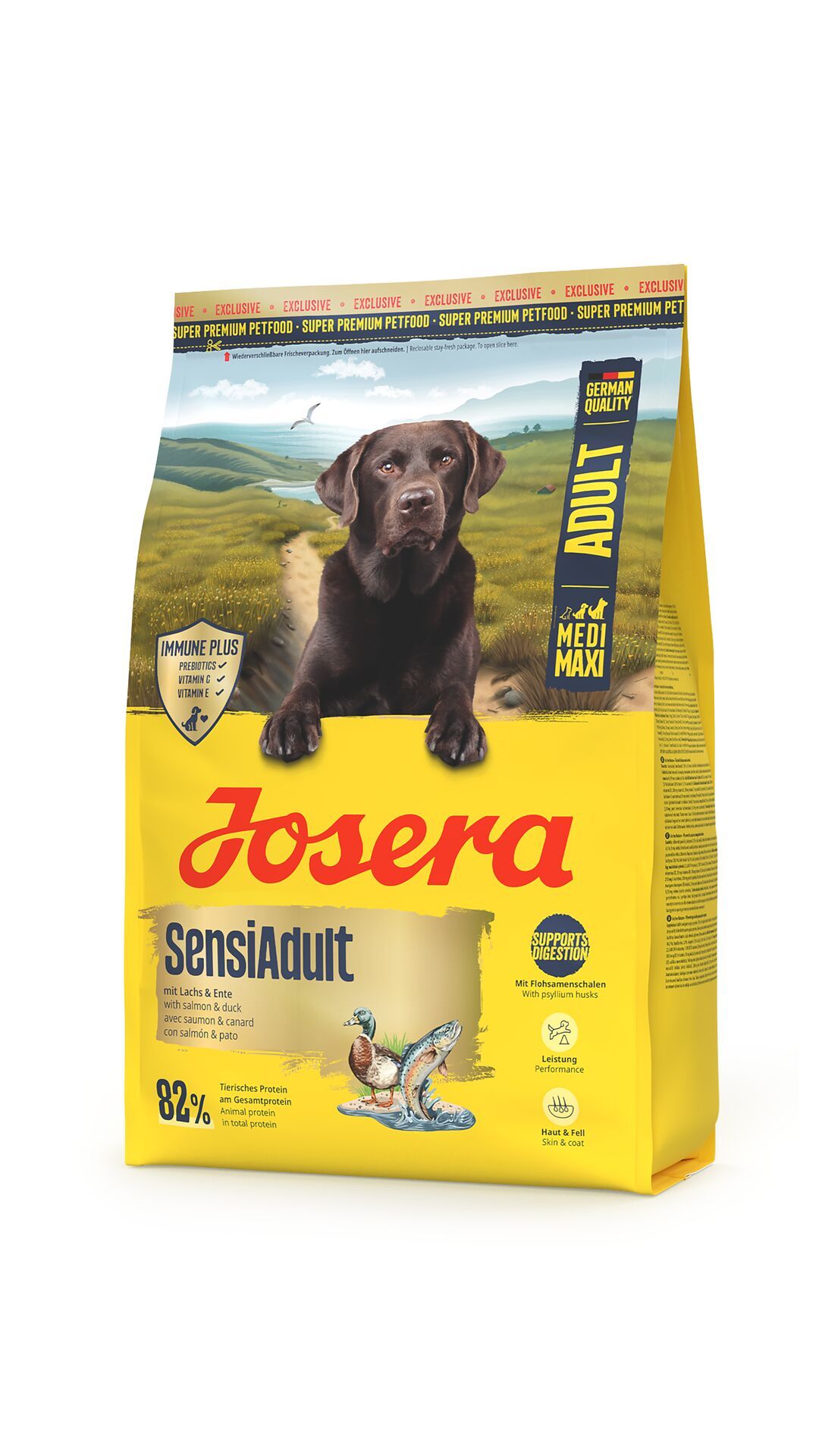 Gelbe Verpackung mit Hund und Produktnamen JOSERA SensiAdult. Text: Adult, Medi Maxi, Lachs & Ente, 82% tierische Proteine.