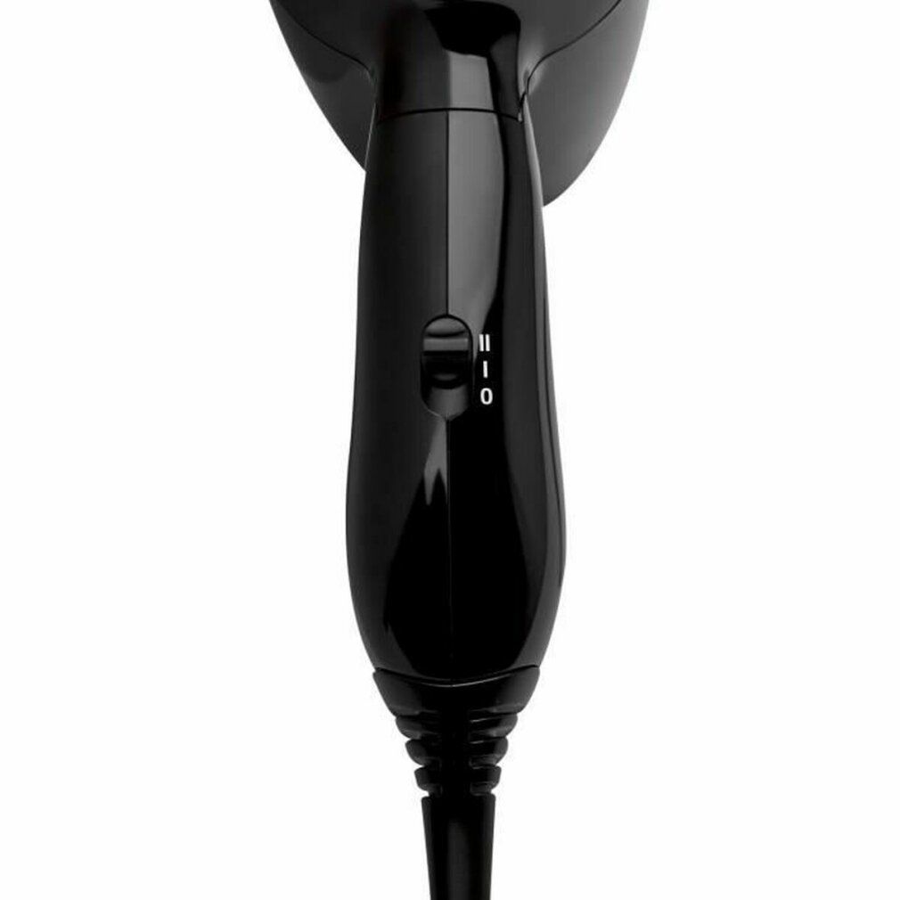 Nahaufnahme des schwarzen Haartrocknergriffs. Schalter mit Einstellungen 0, I, II. Schwarzes Kabel.