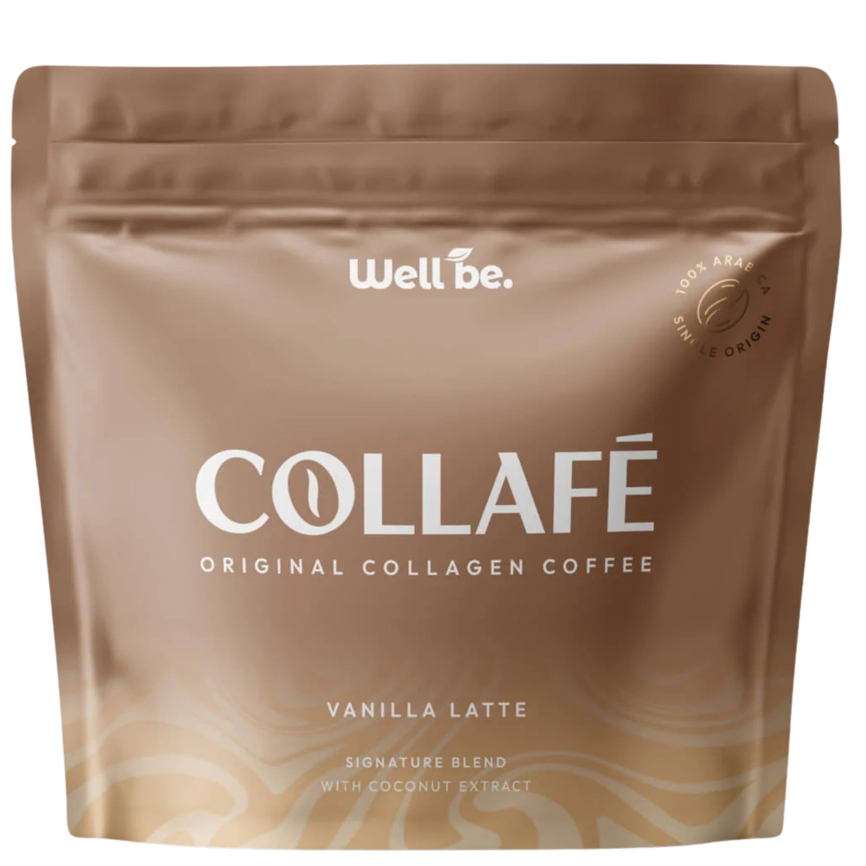 Standbodenbeutel mit "COLLAFÉ ORIGINAL COLLAGEN COFFEE VANILLA LATTE" Aufschrift.