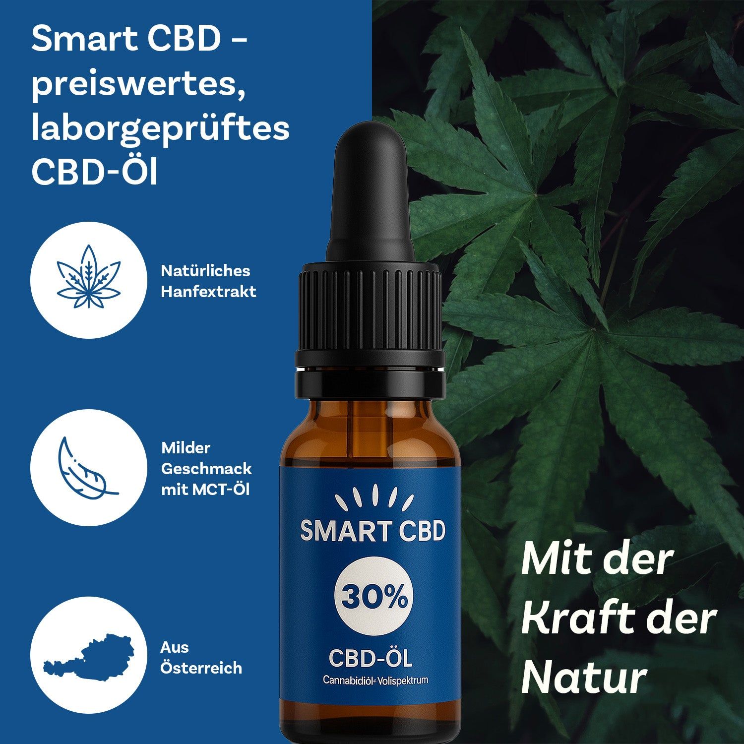 Braune Flasche mit Pipette, vor grünem Hintergrund. Text: "SMART CBD", "30%", "Cannabidiol-Vollspektrum".