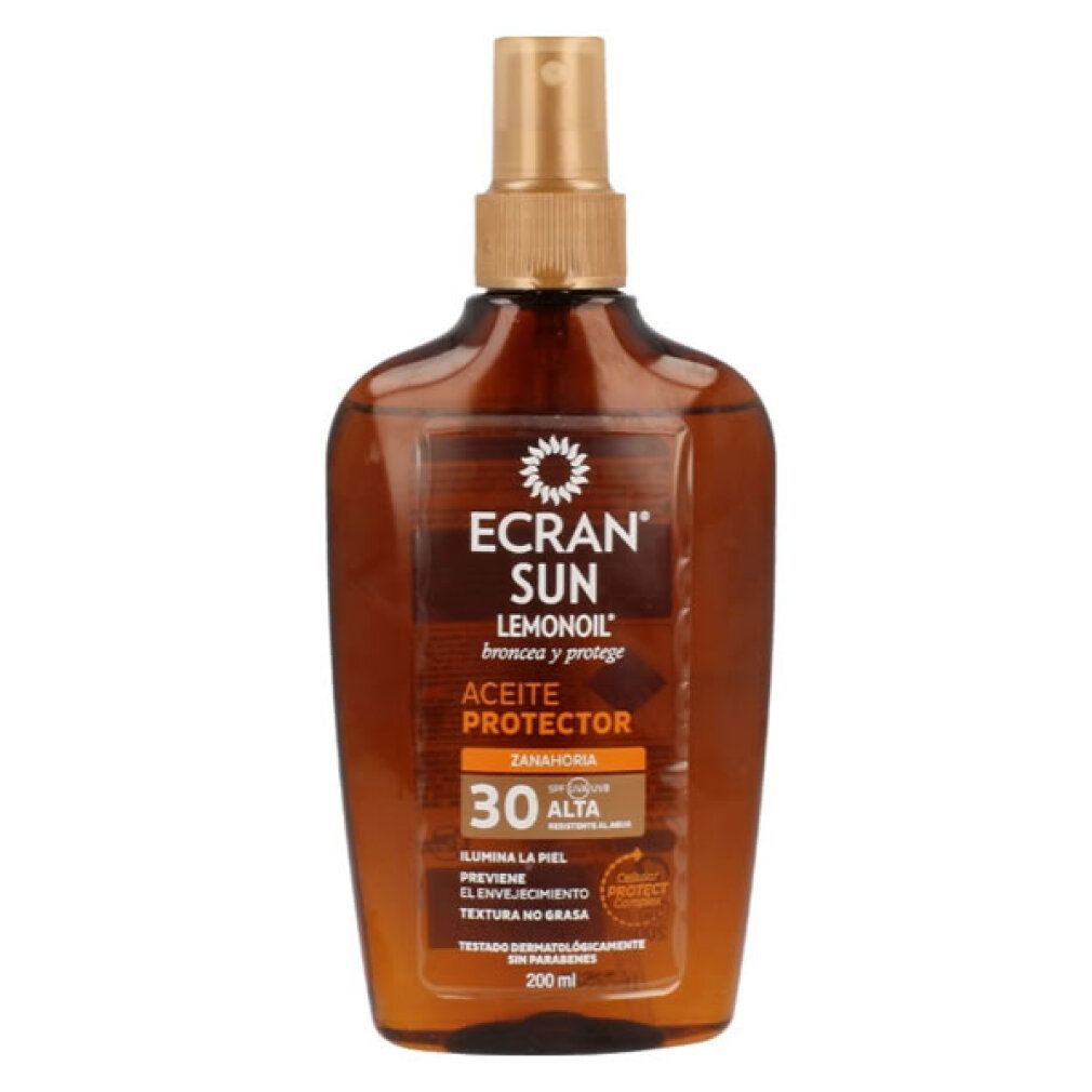 ECRAN SUN Lemonoil Bräunungsöl Spray mit LSF 30 in brauner Flasche mit Sprühkopf.