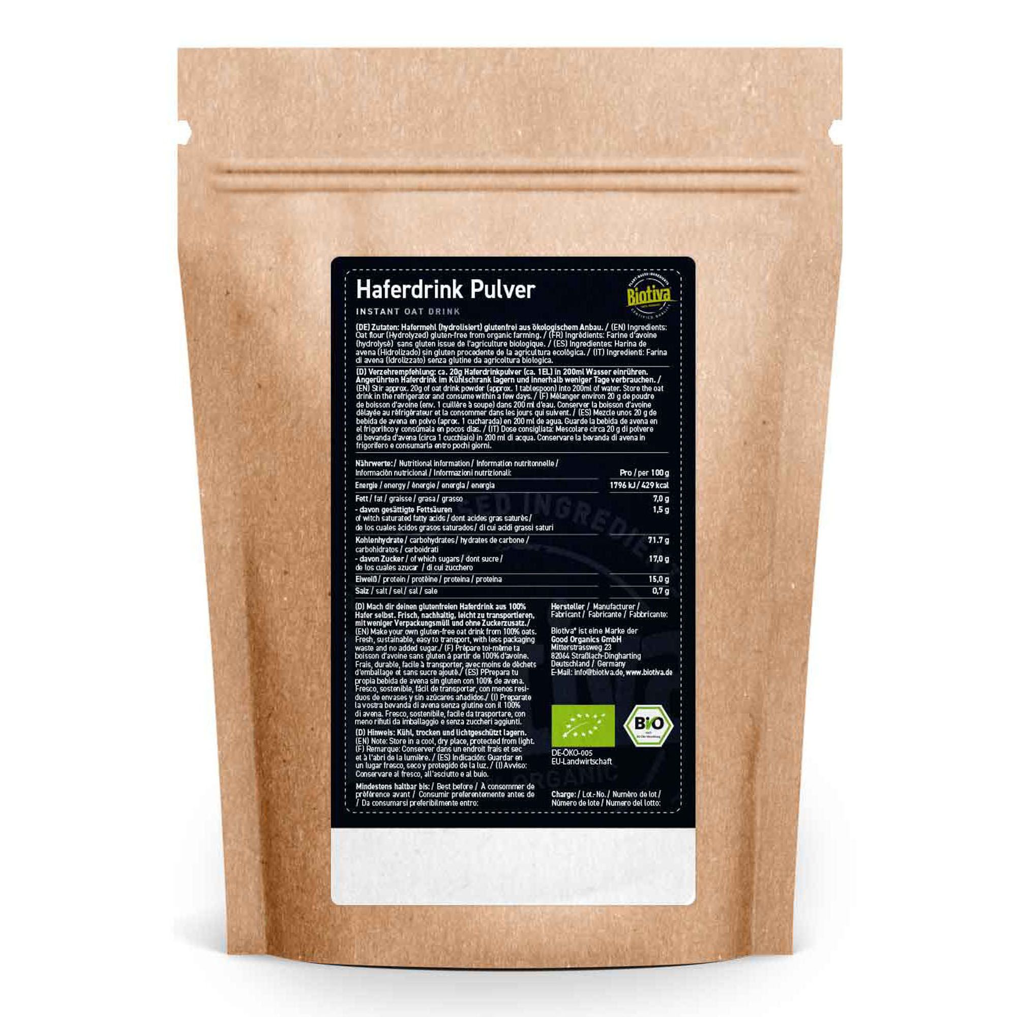 Rückseite der Biotiva Haferdrink Pulver Verpackung. Enthält Nährwertangaben, Zutatenliste und Bio-Siegel.