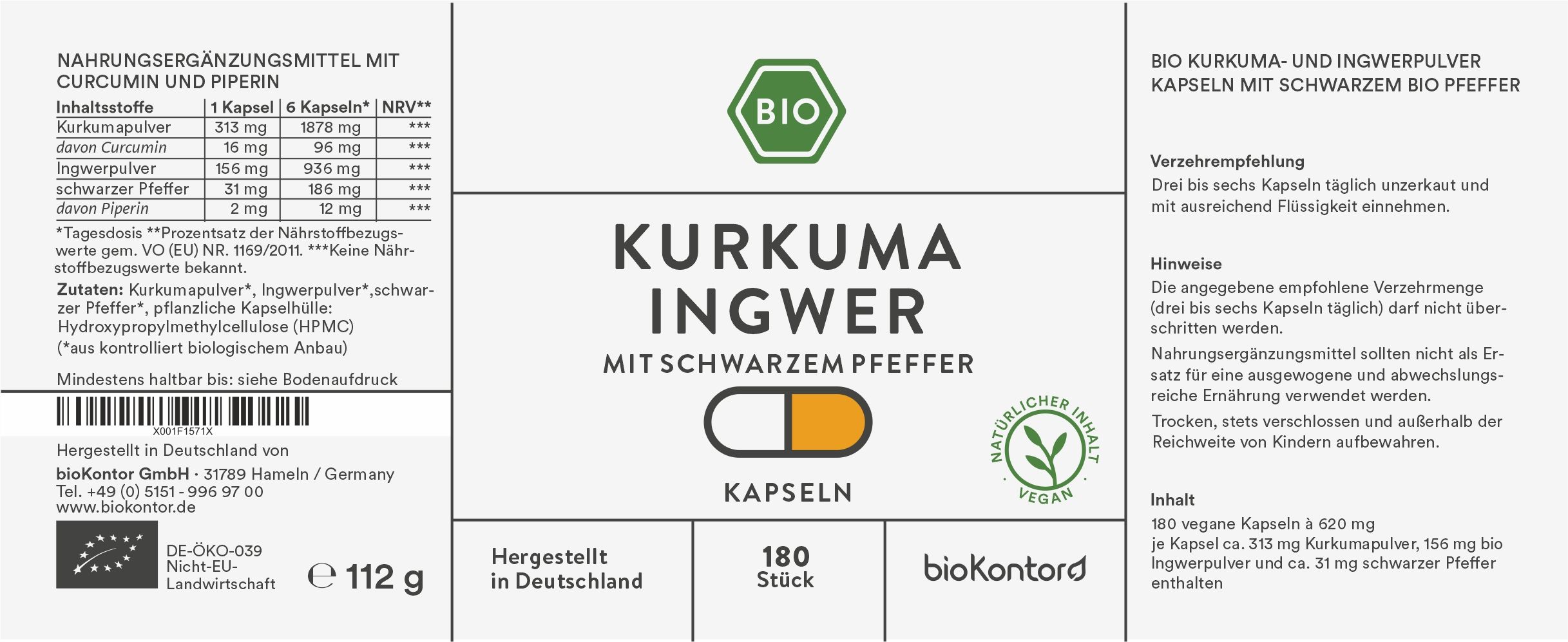 bioKontor Kurkuma, Ingwerpulver, schwarzer Pfeffer Kapseln 112 g