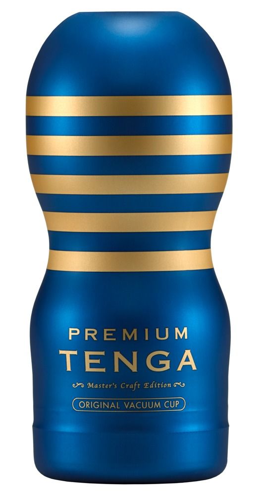 Blaues Produkt mit goldenen Streifen. Text: PREMIUM TENGA, Original Vacuum Cup. Zylindrische Form.