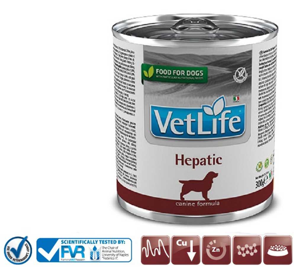 Hundefutterdose mit Etikett. Aufschrift: VetLife Hepatic. Logo: Hund. Text: Food for dogs. Mit Zertifizierungen.