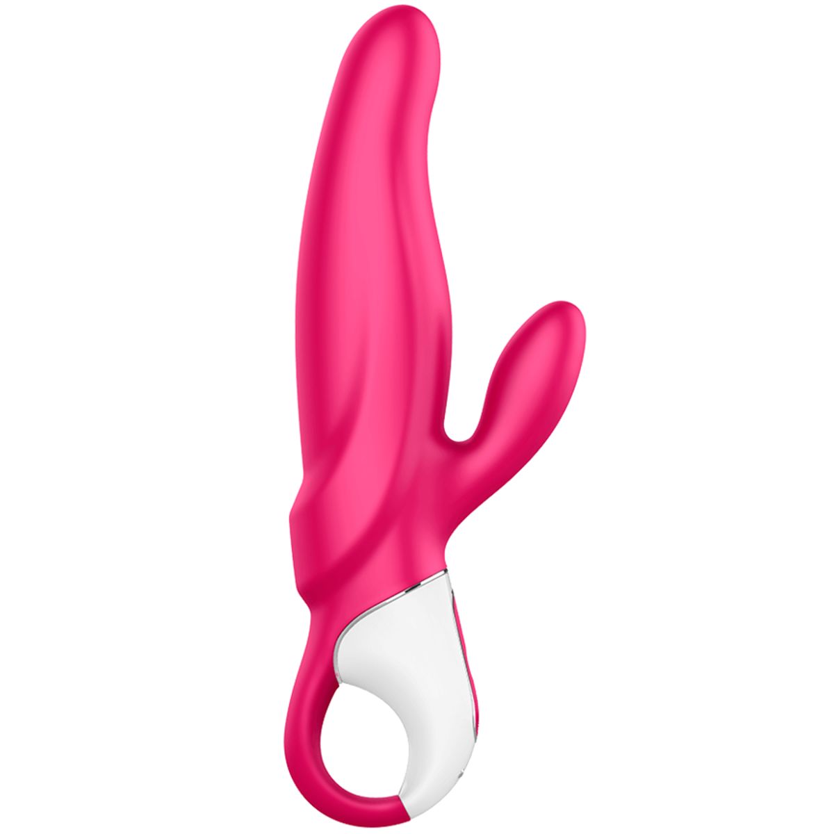 Pinkfarbener Vibrator mit gebogener Form und zwei Vorsprüngen. Weißer Griff.