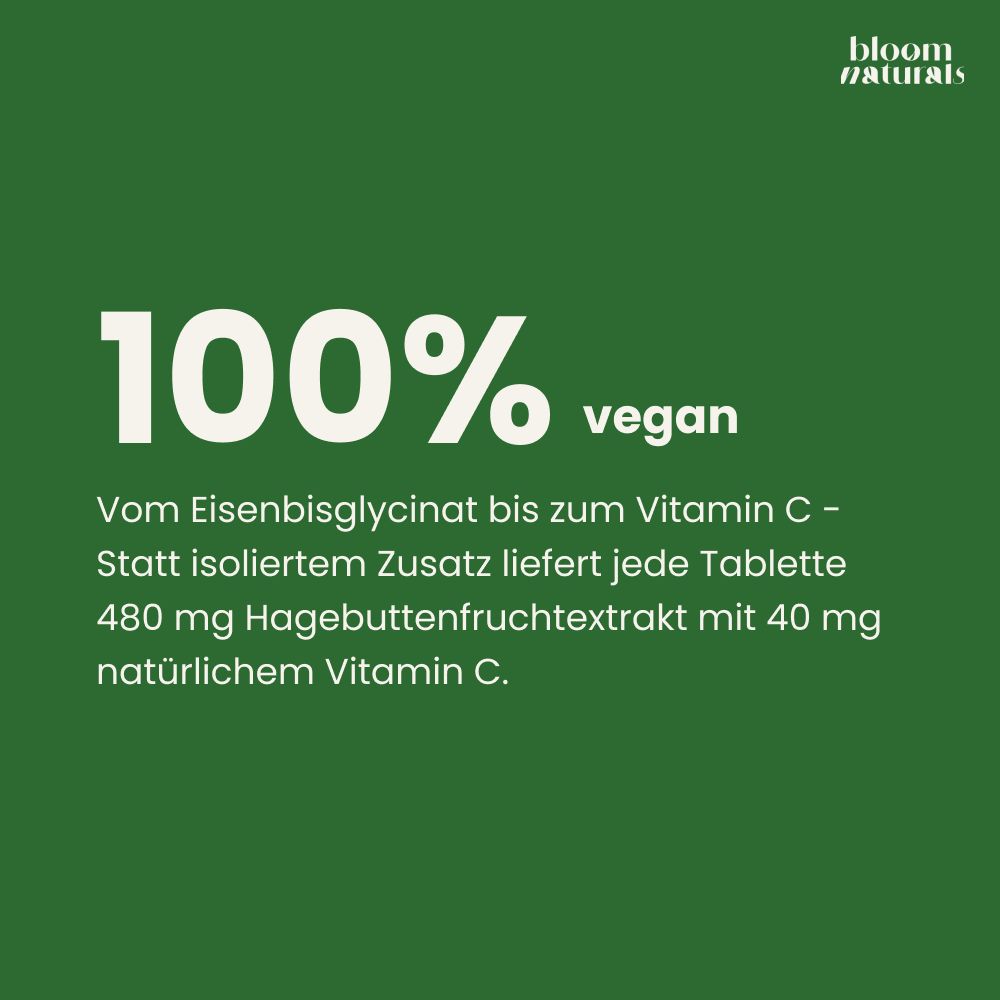 100% Vegan. Eisenbisglycinat und Vitamin C. 480 mg Hagebuttenextrakt.