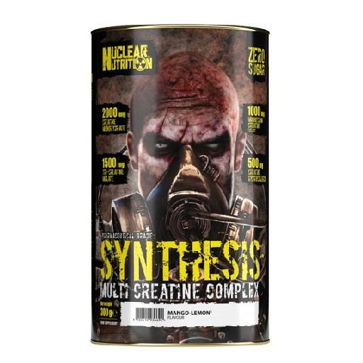 Zylinderdose mit SYNTHESIS-Aufdruck. Abbildung eines Mannes mit Gasmaske. Text: MULTI CREATINE COMPLEX, Mango Lemon.