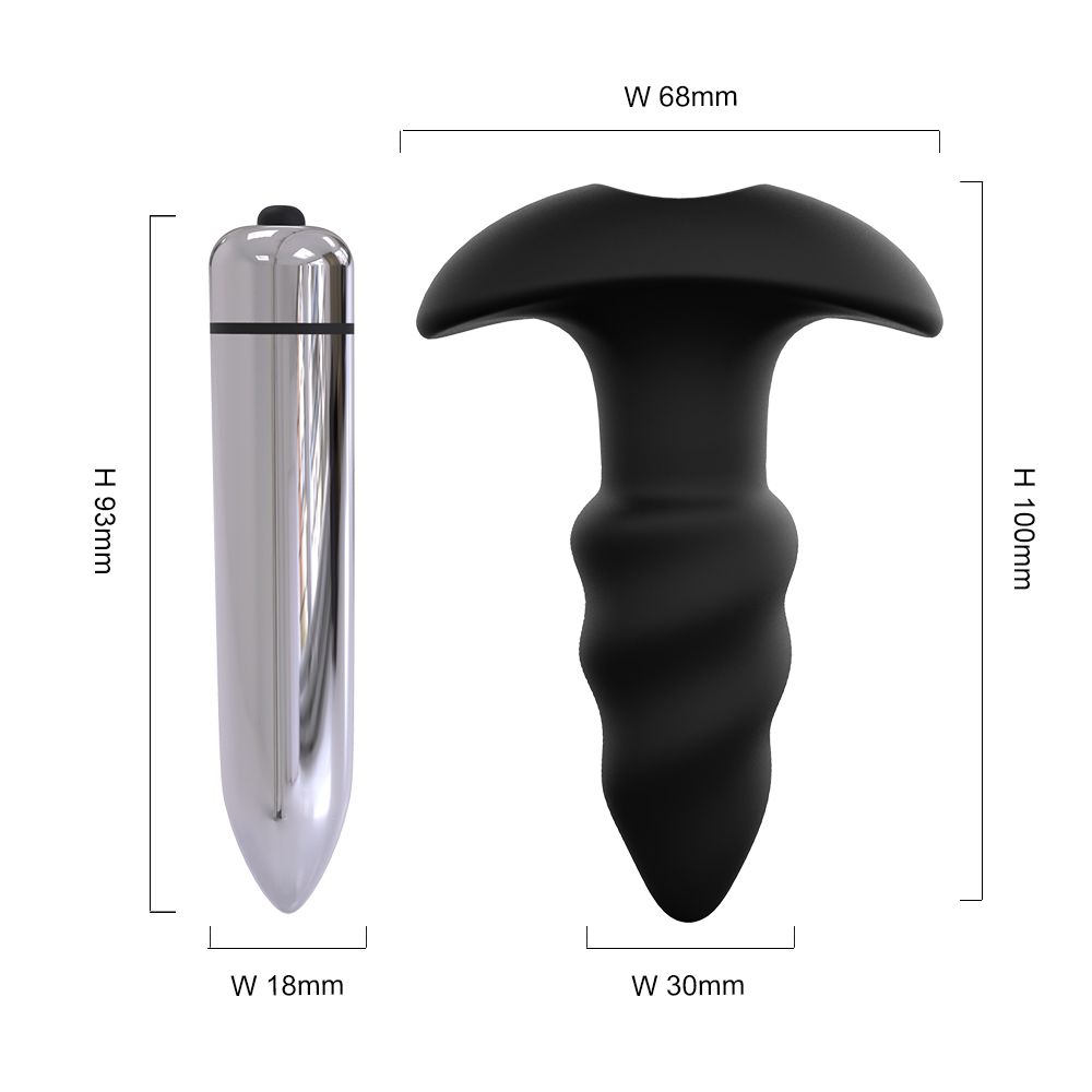 Zwei Wellness-Produkte. Ein silberner Vibrator und ein schwarzer Analvibrator mit Maßangaben: 100mm hoch, 68mm breit.
