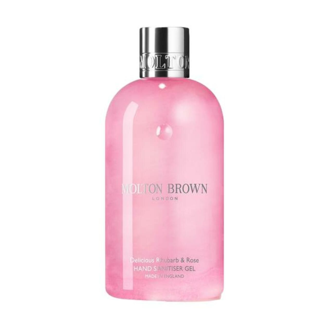 Rosa Hand Sanitiser Gel Flasche. Silberner Deckel. Molton Brown Logo und Produktbezeichnung. Englischer Text.