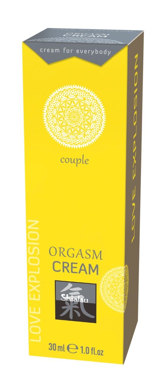 Gelbe Schachtel mit Text "ORGASM CREAM" und "couple".