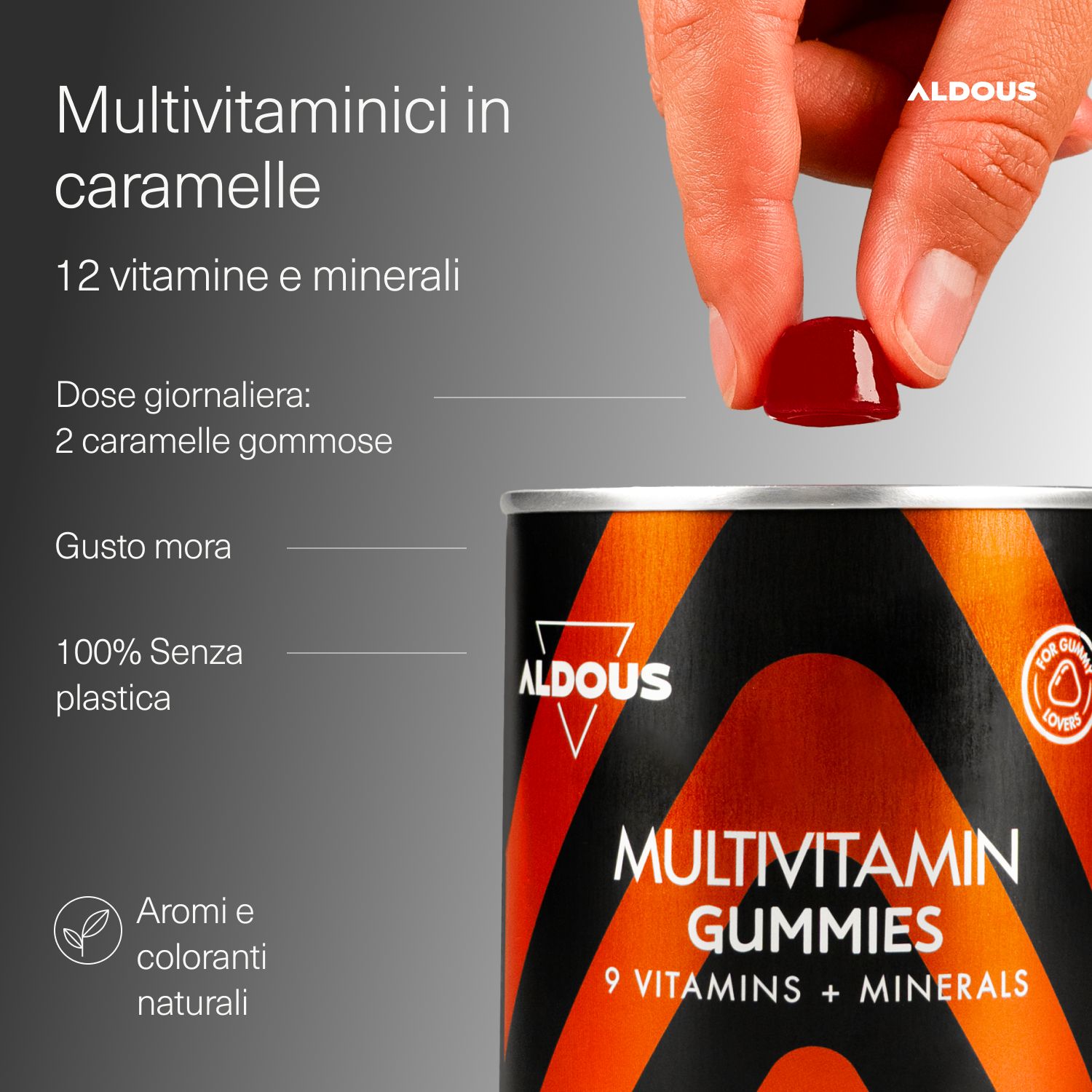 Aldous Multivitamin Gummibärchen, 12 Vitamine + Mineralien, Brombeergeschmack, 100% plastikfrei.