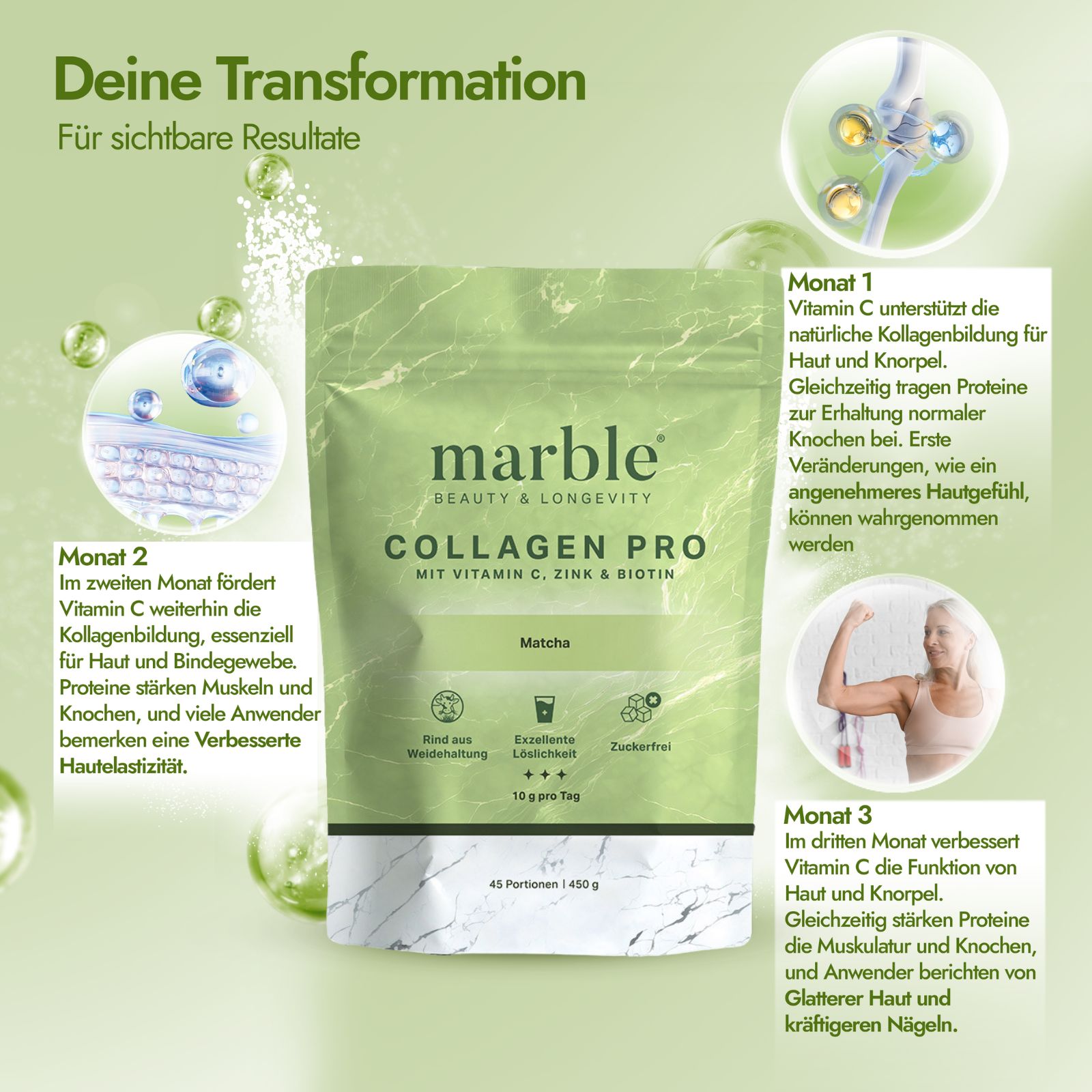 marble Collagen Pro – Matcha 450g | Reines Weidekollagen mit Vitamin C, Zink & Biotin