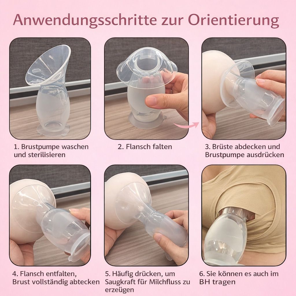 Anwendungsschritte der Milchpumpe. 6 Bilder zeigen: Waschen, Falten, Anlegen, Entfalten, Drücken, BH tragen.