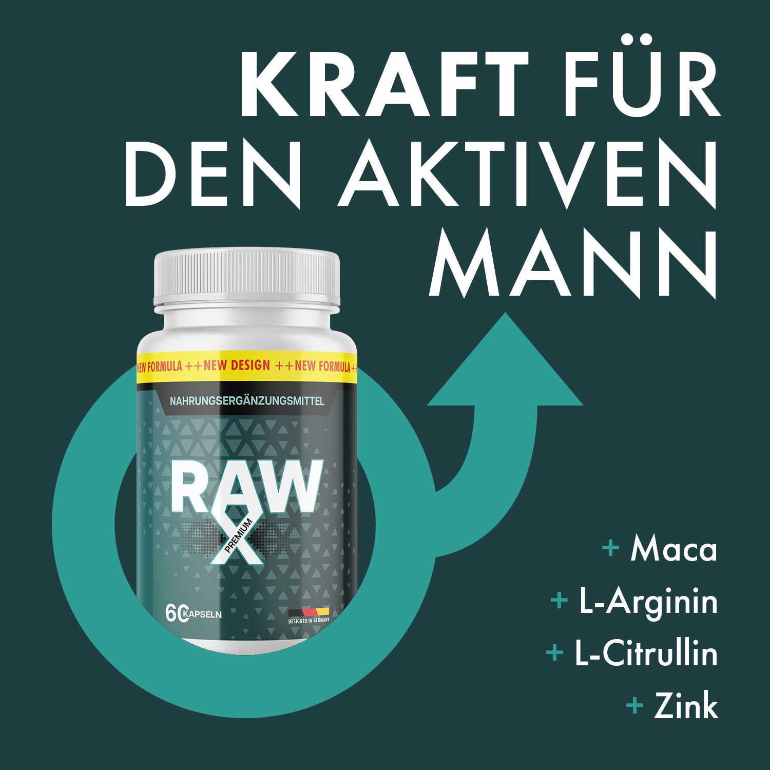 Flasche RAW X Premium Kapseln neben Männlichkeits-Symbol und Pfeil. Enthält Maca, L-Arginin, L-Citrullin, Zink.
