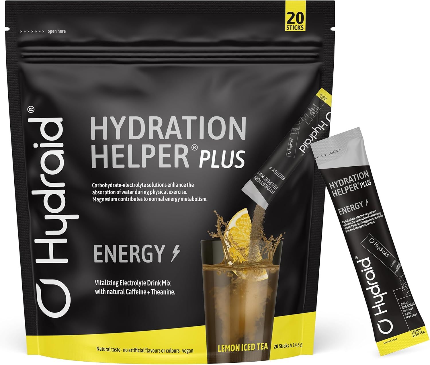 Beutel und Sticks mit Hydraid PLUS ENERGY. Text: Hydration Helper PLUS. Vitalizing Electrolyte Drink Mix. Lemon Iced Tea. 20 Sticks. Mit Zitrone.