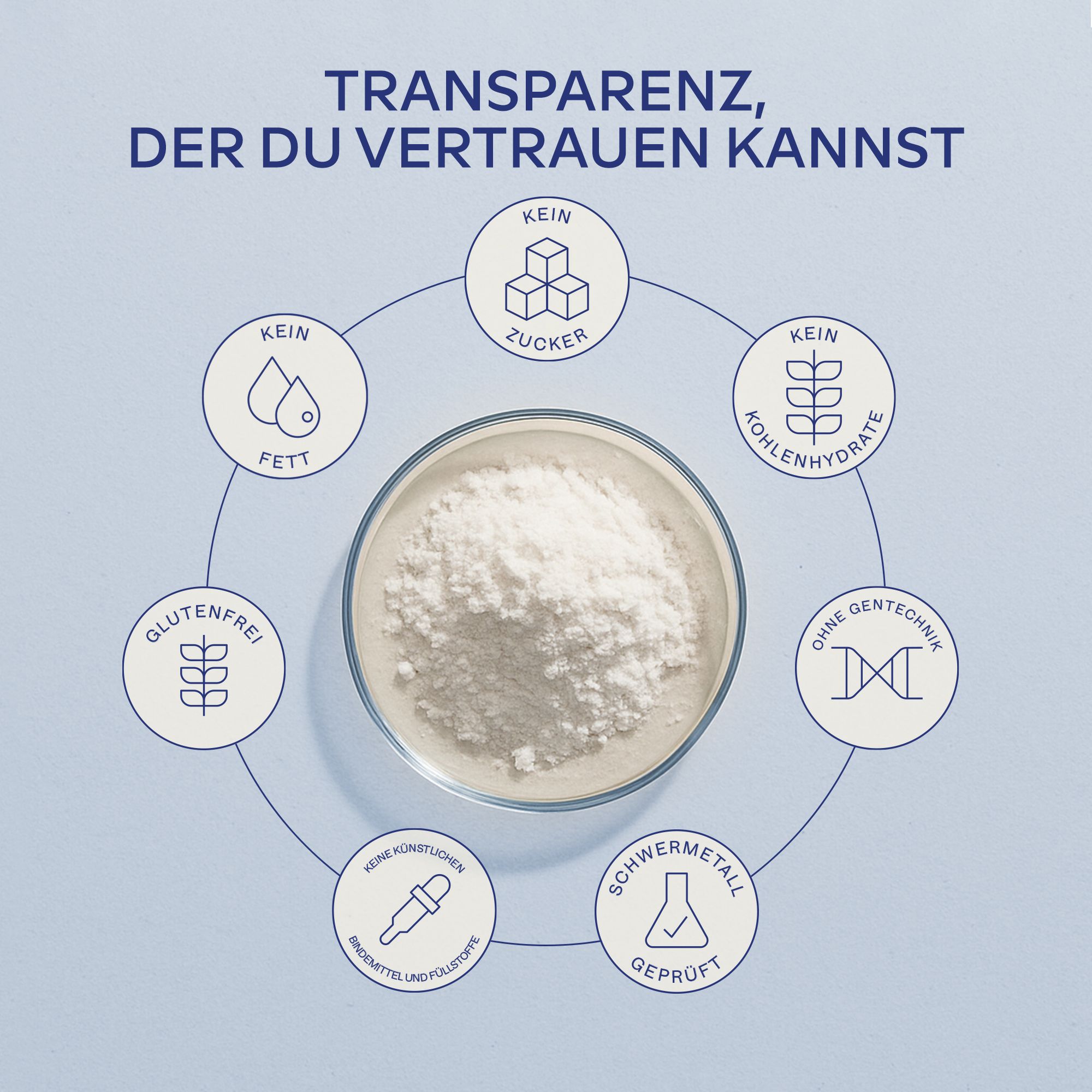 Kreisförmige Anordnung von Symbolen um eine Schale mit Pulver. Keine Zucker, etc.
