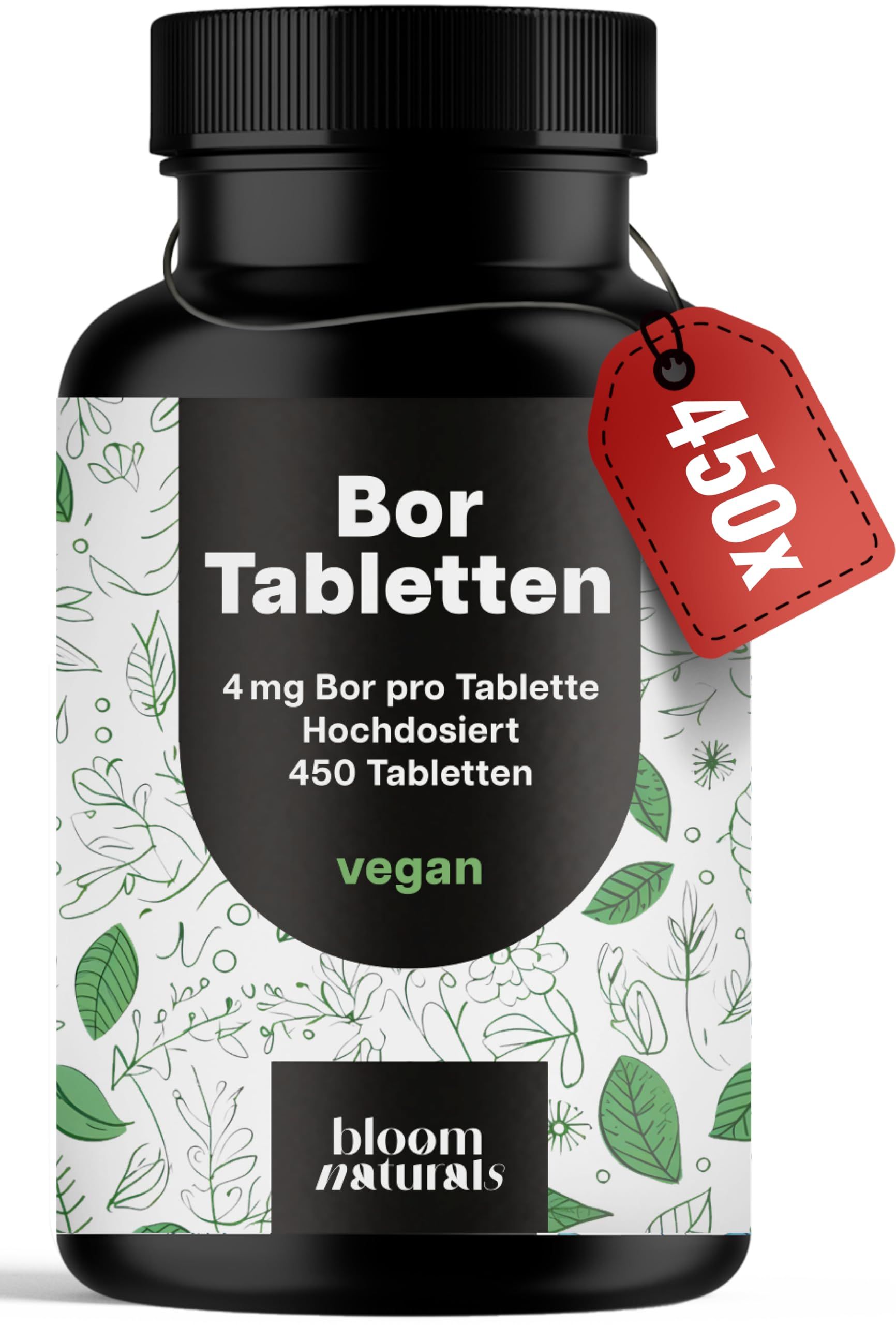 Bor Tabletten Flasche mit 450 Stück, 4mg Bor pro Tablette, hochdosiert, vegan. Roter Anhänger mit '450x'.