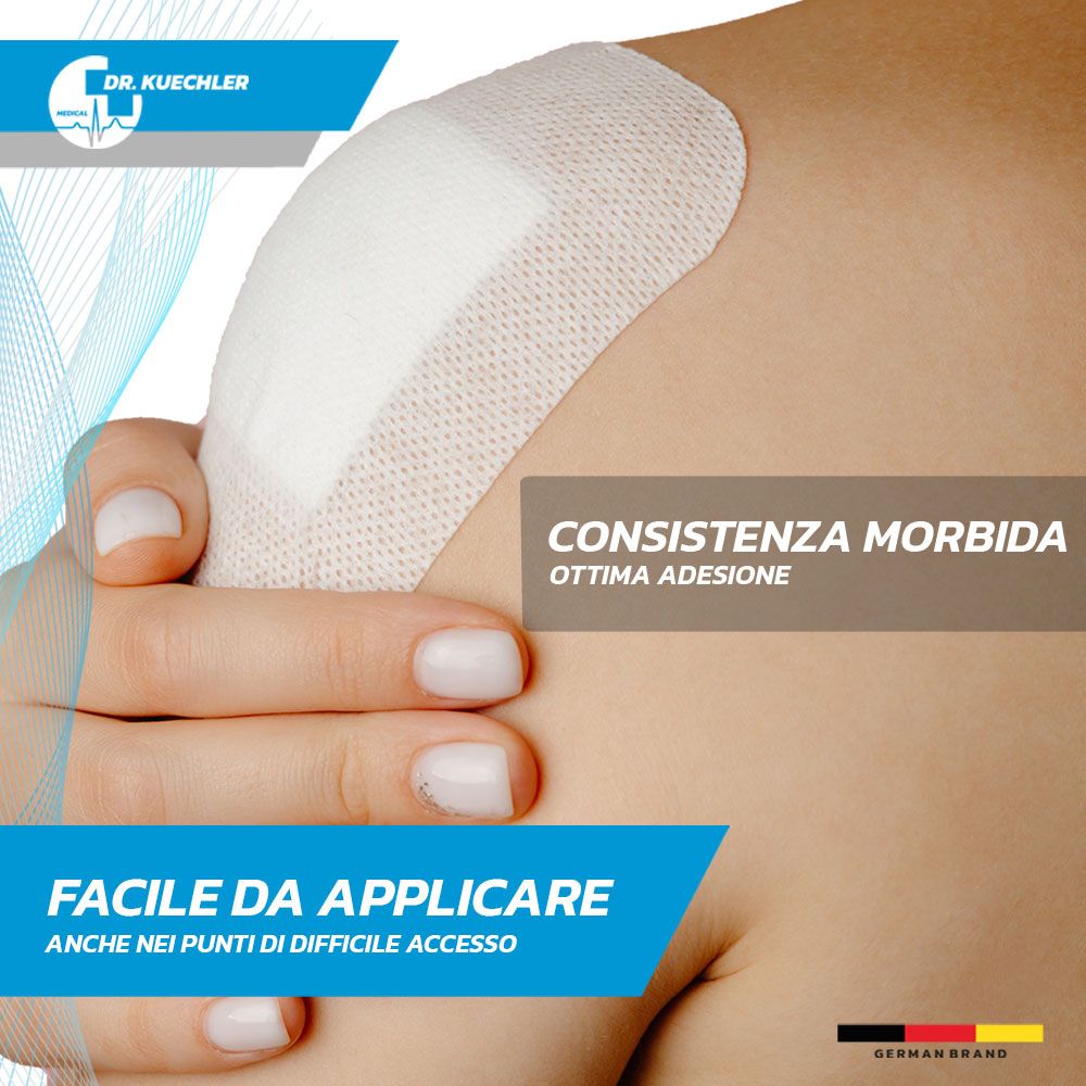Arm mit Pflaster. Text: Leicht anzubringen, auch an schwer zugänglichen Stellen. Weiche Konsistenz.