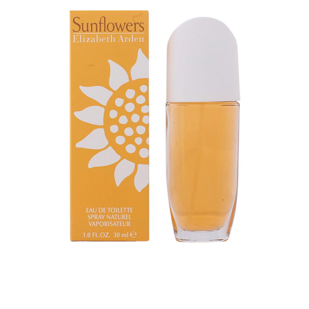 Flakon und Schachtel von Elizabeth Arden Sunflowers. Gelbe Flüssigkeit im Glasflakon mit weißem Deckel. Gelbe Schachtel mit Sonnenblumenmotiv.