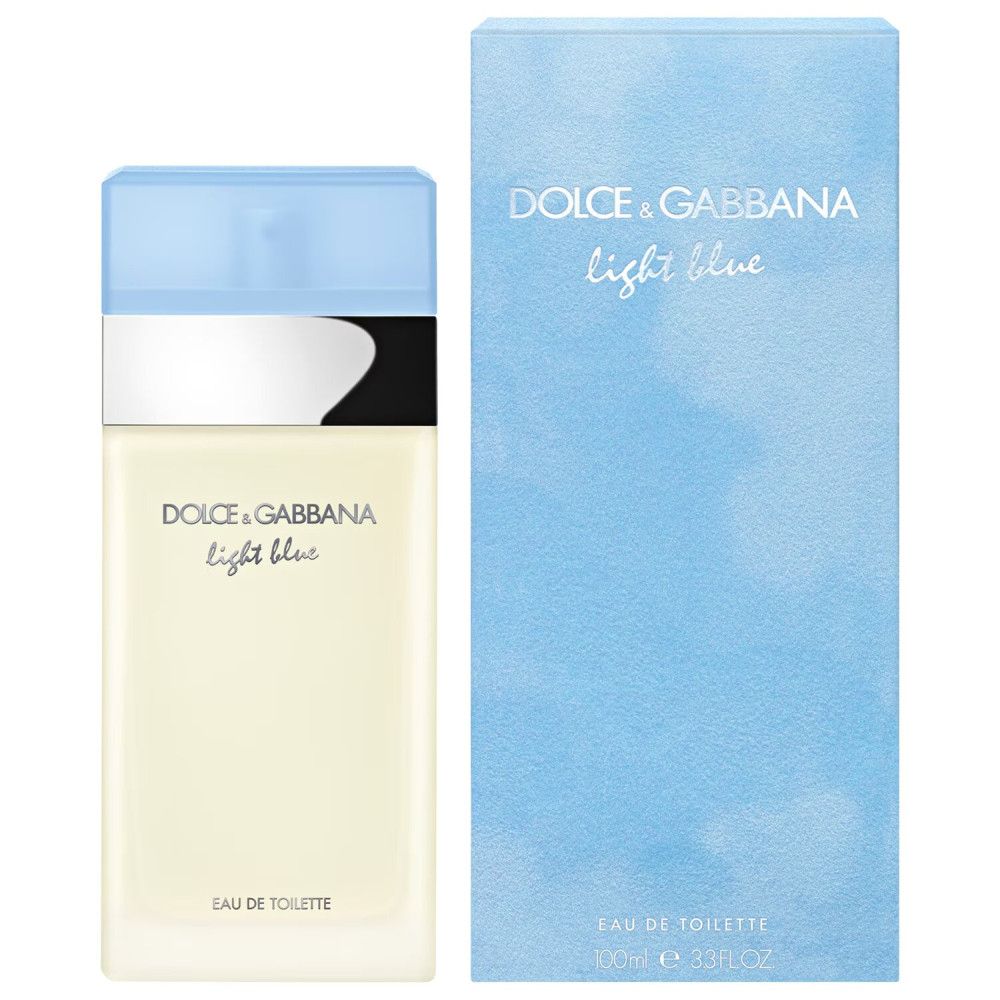 Dolce & Gabbana Light Blue EdT Flakon und Verpackung. Hellblauer Deckel, silberner Streifen, weißes Etikett.