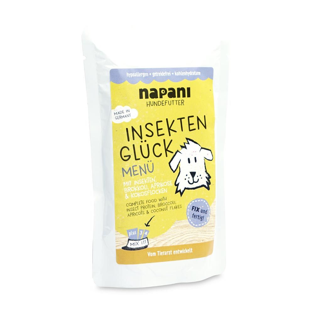 Beutel mit Aufschrift 'napani Insekten Glück Menü'. Enthält Insekten, Brokkoli, Aprikose & Kokosflocken. Weißer Beutel mit blauem Aufdruck.