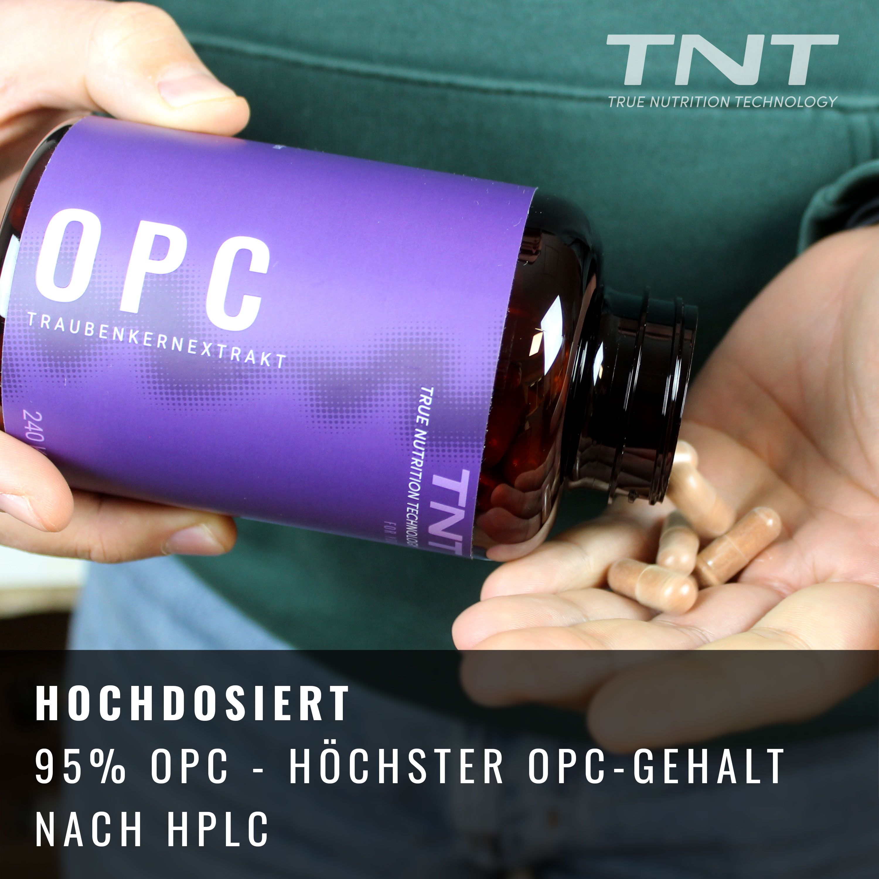Hände halten eine Flasche und Kapseln. Aufschrift: TNT OPC Traubenkernextrakt. Text: Hochdosiert, 95% OPC. Schwarzer Deckel.