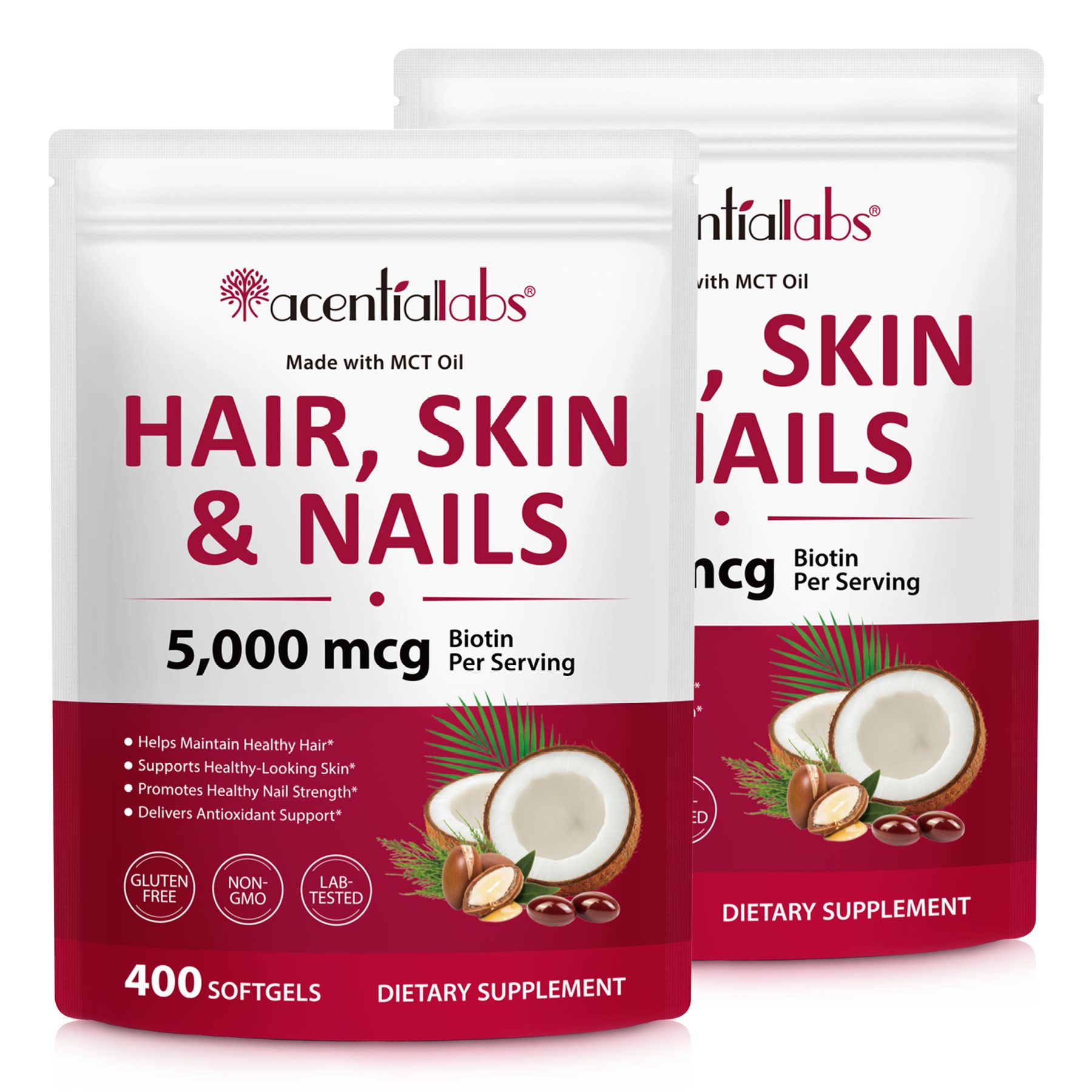 Acentialabs Nahrungsergänzungsmittel Biotin Hochdosiert für Haut Haare Nägel mit Vitaminen 2x400 St Weichkapseln