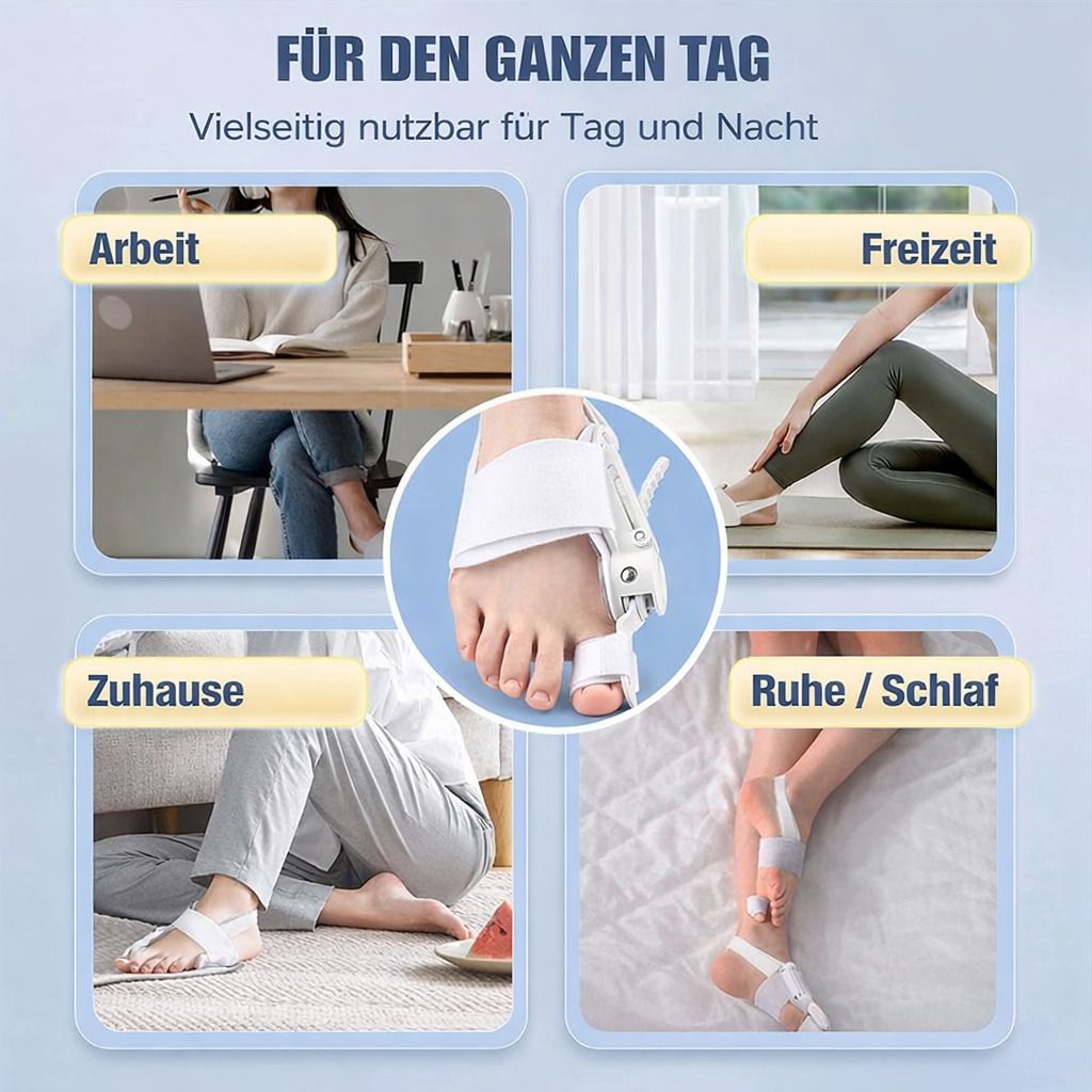 Hallux valgus Korrektor am Fuß in verschiedenen Situationen: Arbeit, Freizeit, Zuhause, Ruhe/Schlaf. Weißes Design, Anwendung am Fuß.