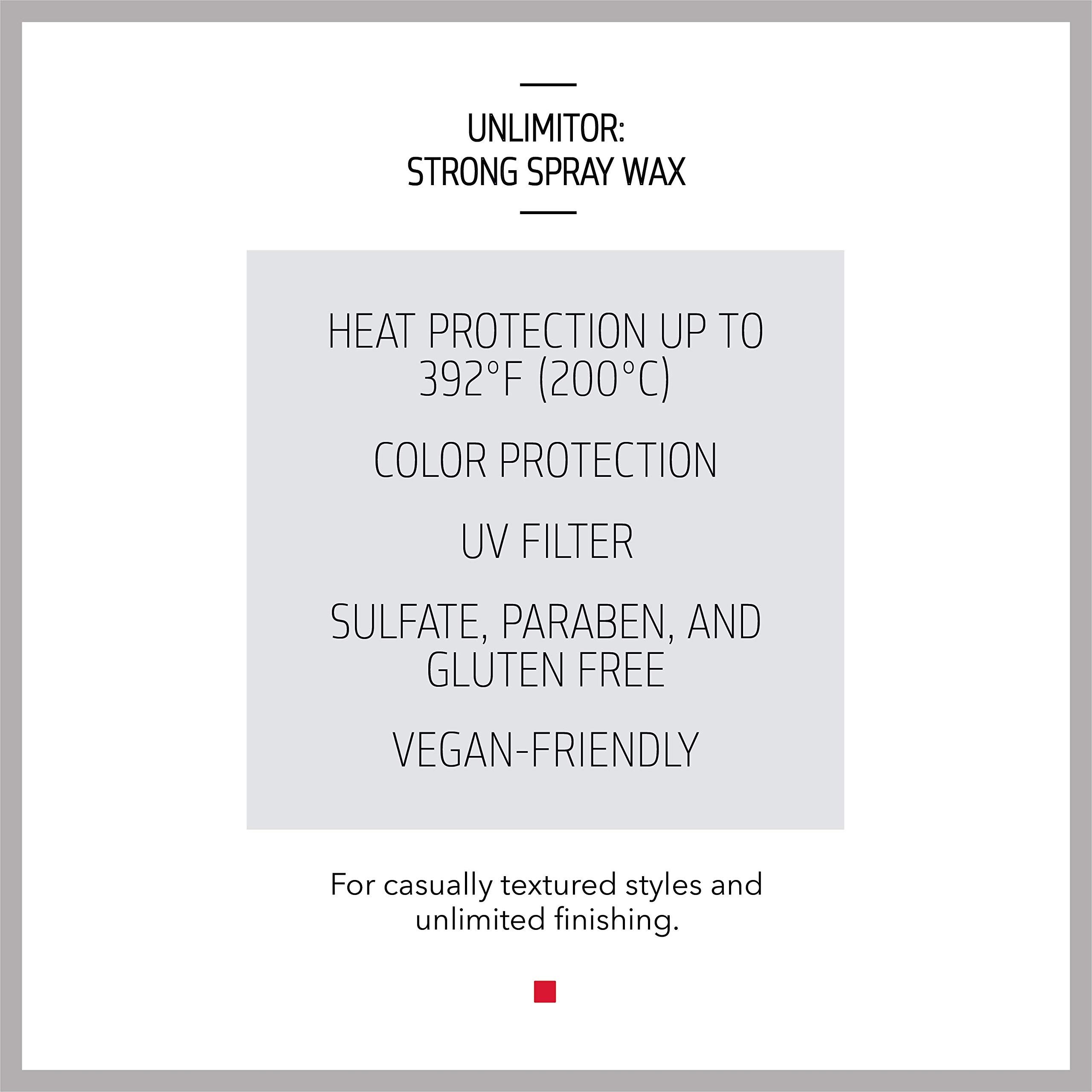 Text auf grauem Hintergrund: UNLIMITOR: STRONG SPRAY WAX. Hitzeschutz, Farbschutz, UV-Filter, vegan.