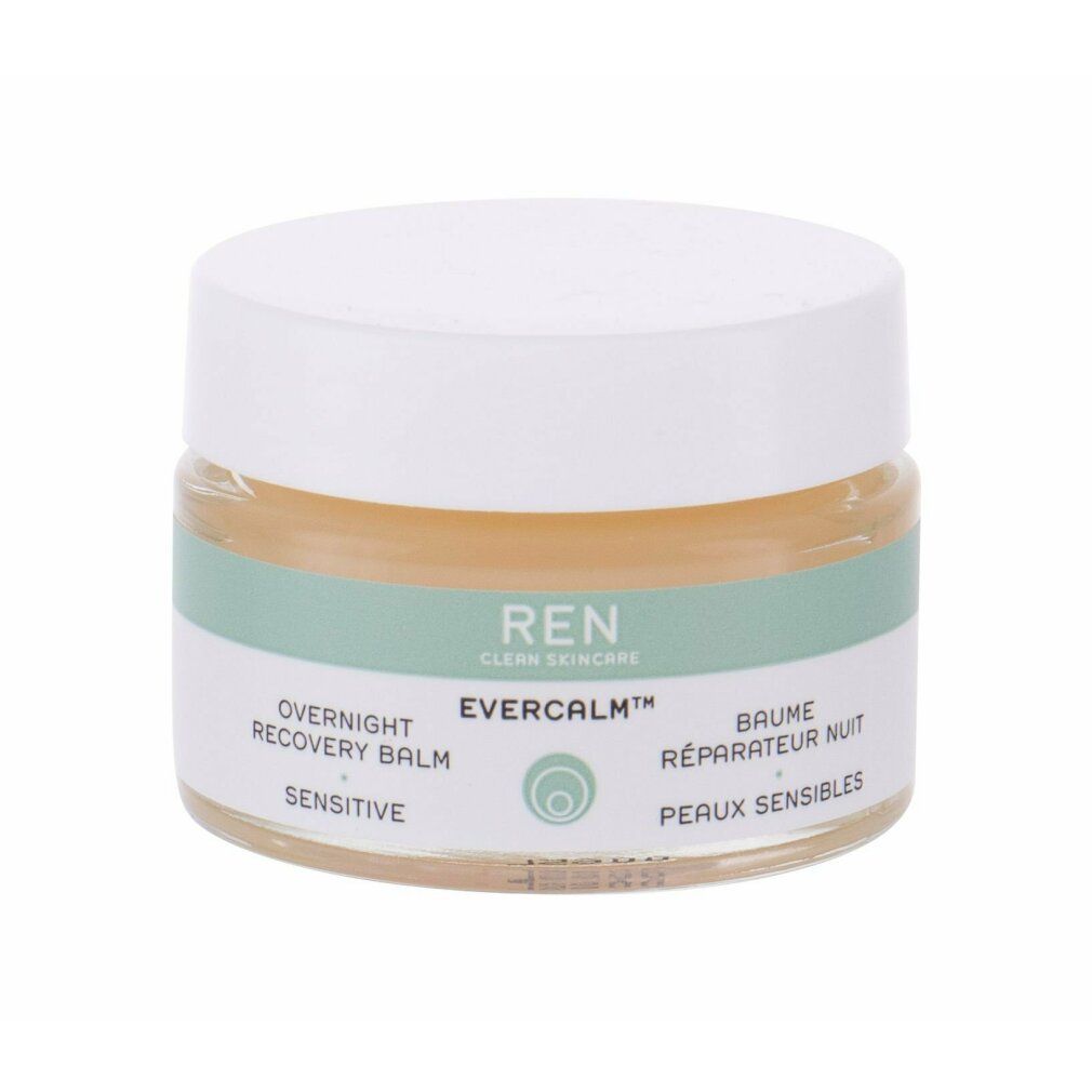 Glasbehälter mit weißem Deckel. Aufschrift: REN CLEAN SKINCARE, EVERCALM, Overnight Recovery Balm, Sensitive. Mintfarbenes Band.