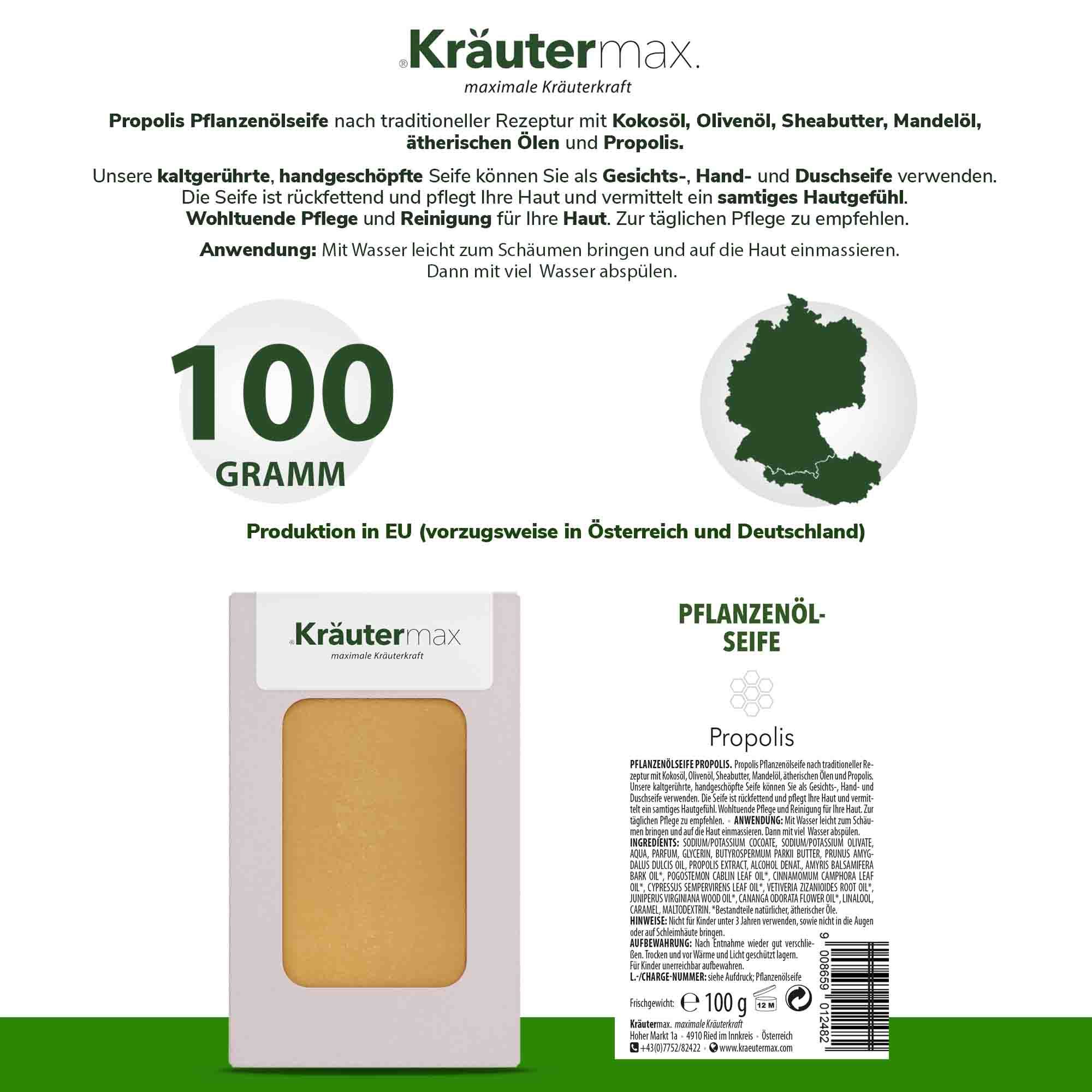 Verpackung mit Seife und Text. Kräutermax-Logo, 100 Gramm, Produktionshinweis, Text über Inhaltsstoffe.