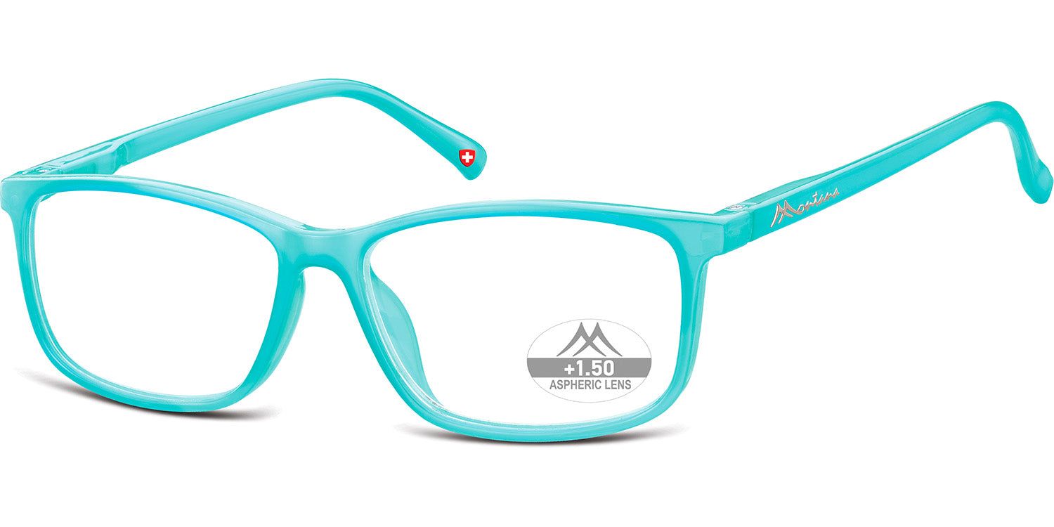 Türkisfarbene Brille mit rechteckigen Gläsern. Auf einem Glas steht "Aspheric Lens". Am Bügel steht "Montana".