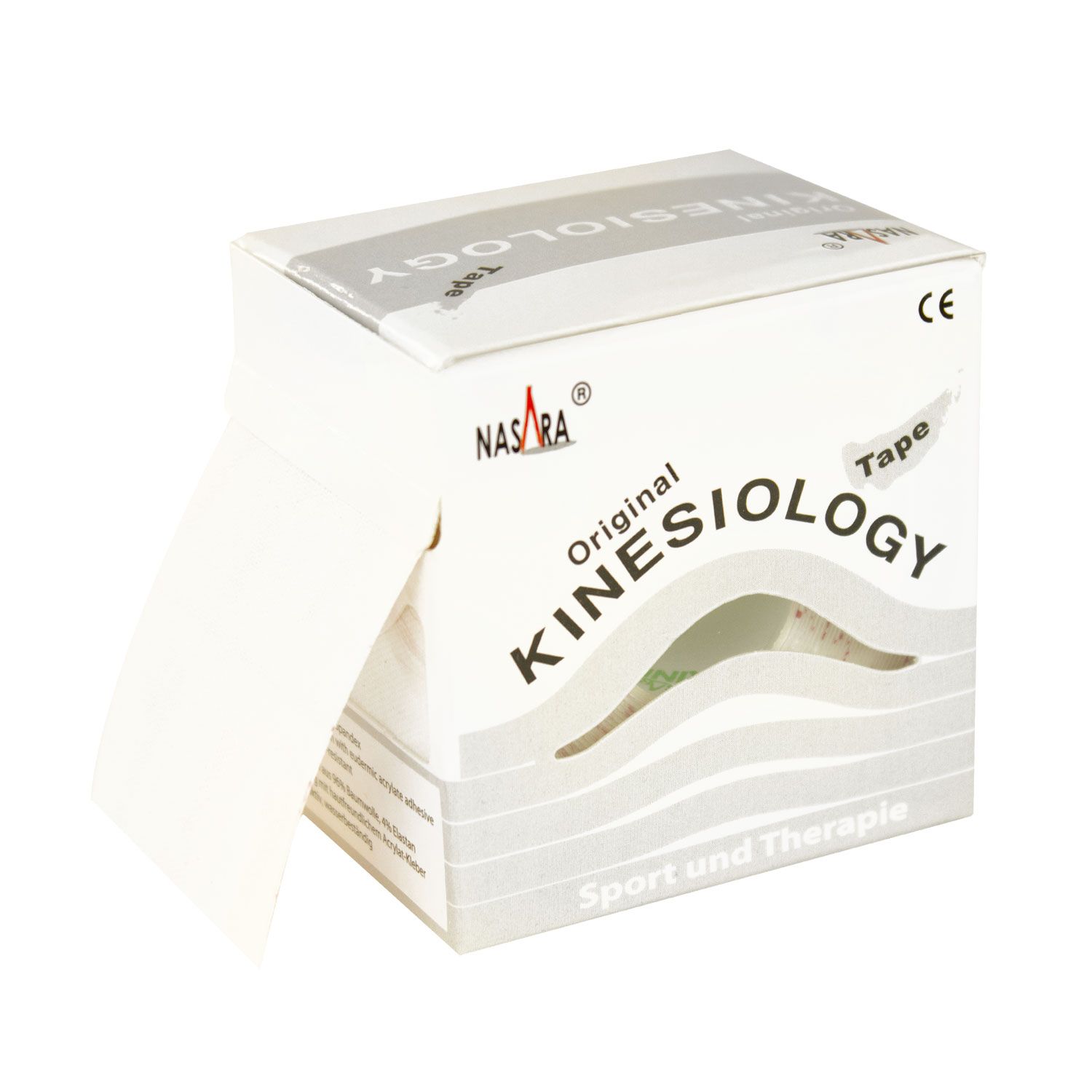 Weißes Kinesiologie-Tape in Kartonverpackung. Aufdruck: Original Kinesiology Tape, Nasara.