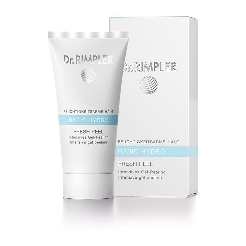 Weiße Tube und Schachtel mit Produktbeschriftung. Auf der Tube steht "Dr. Rimpler Basic Hydro Fresh Peel".