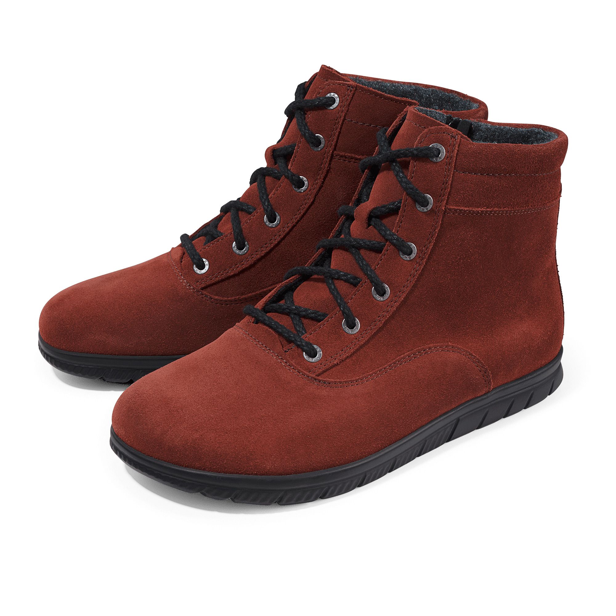 Braune Damen-Stiefeletten aus Wildleder mit Schnürung und Reißverschluss.