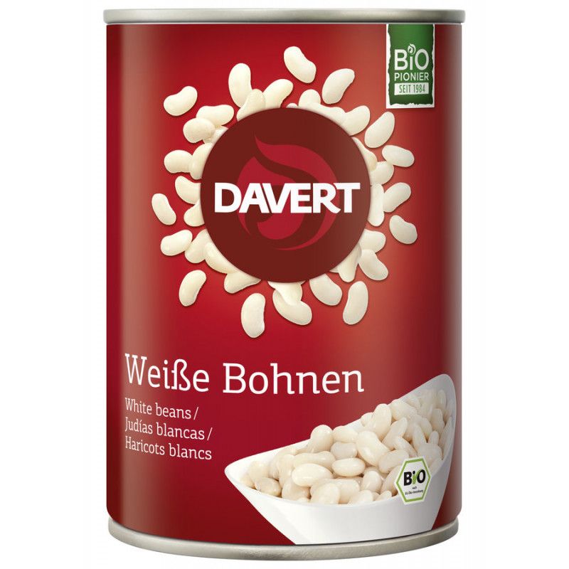 Konservendose mit weißen Bohnen. Aufschrift: Davert, Weiße Bohnen. Bio-Siegel.
