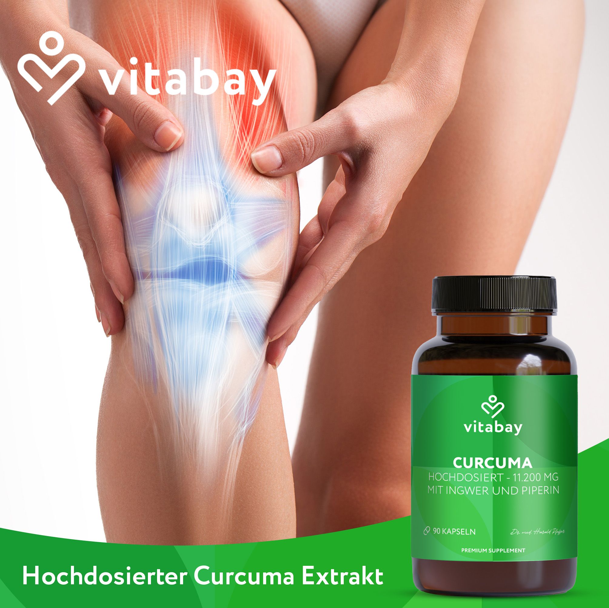 Bein mit Schmerzillustration. Braune Glasflasche mit grüner Beschriftung. Text: Curcuma Extrakt, 90 Kapseln. Vitabay Logo.