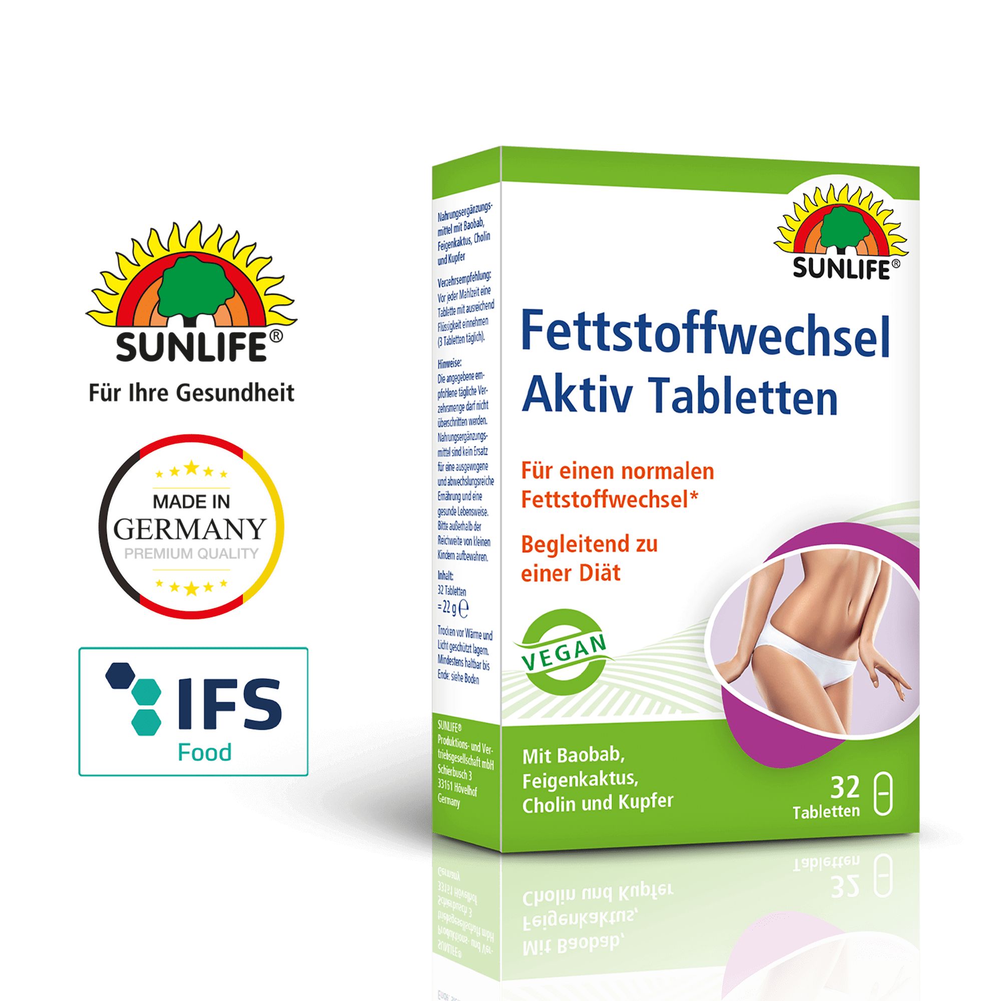 Schachtel SUNLIFE® Fettstoffwechsel Aktiv Tabletten. Grün-weißes Design mit Logo und Produktbezeichnung. Vegan-Siegel, Made in Germany.