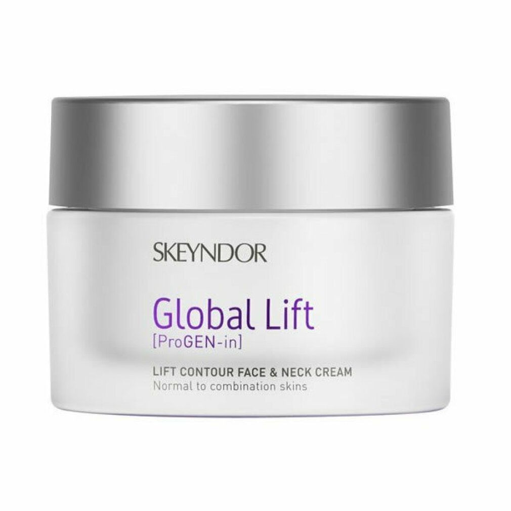 Weißer Tiegel mit silbernem Deckel. Aufschrift: Skeyndor Global Lift. Text in Englisch.