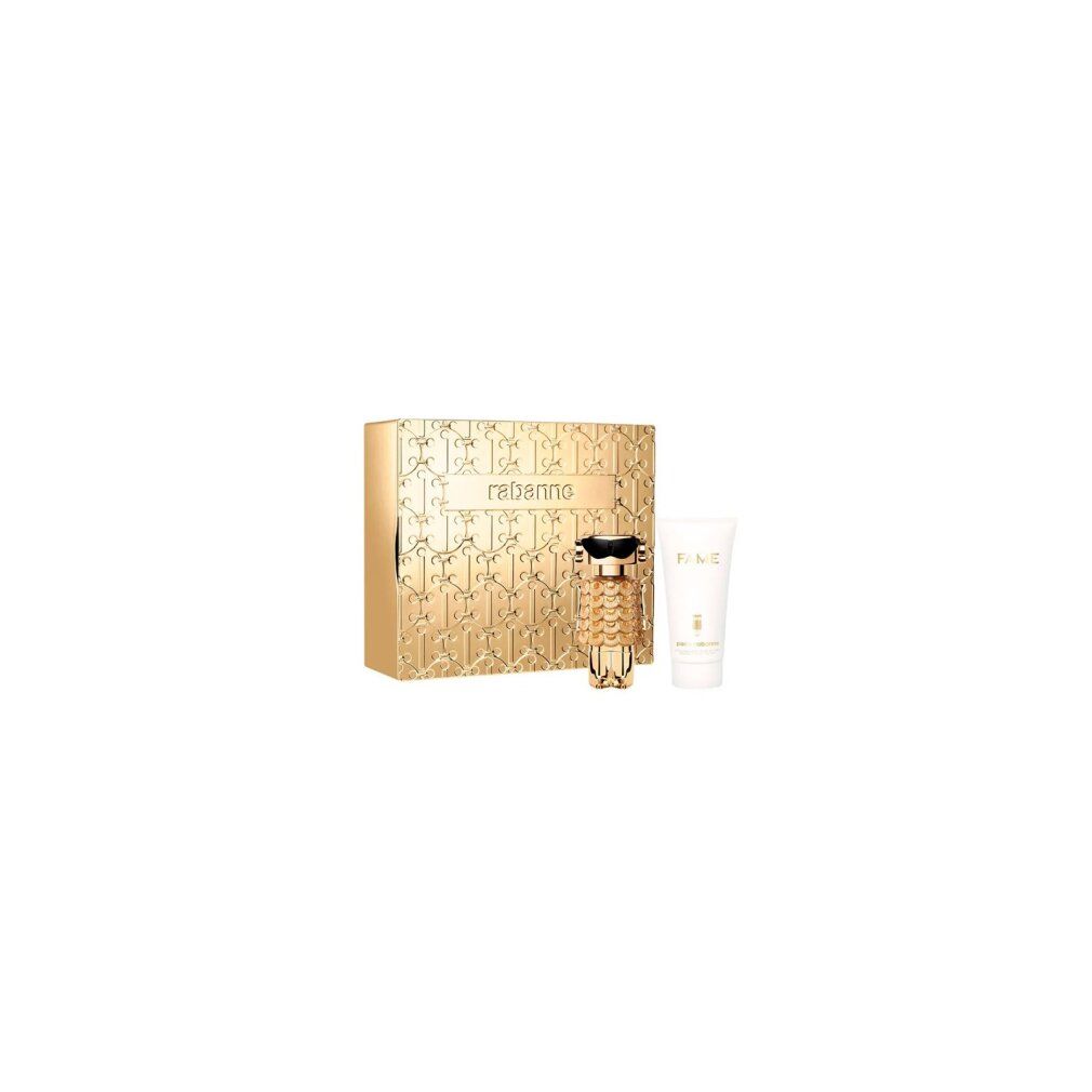 Goldenes Geschenkset mit Parfümflakon und Bodylotion.