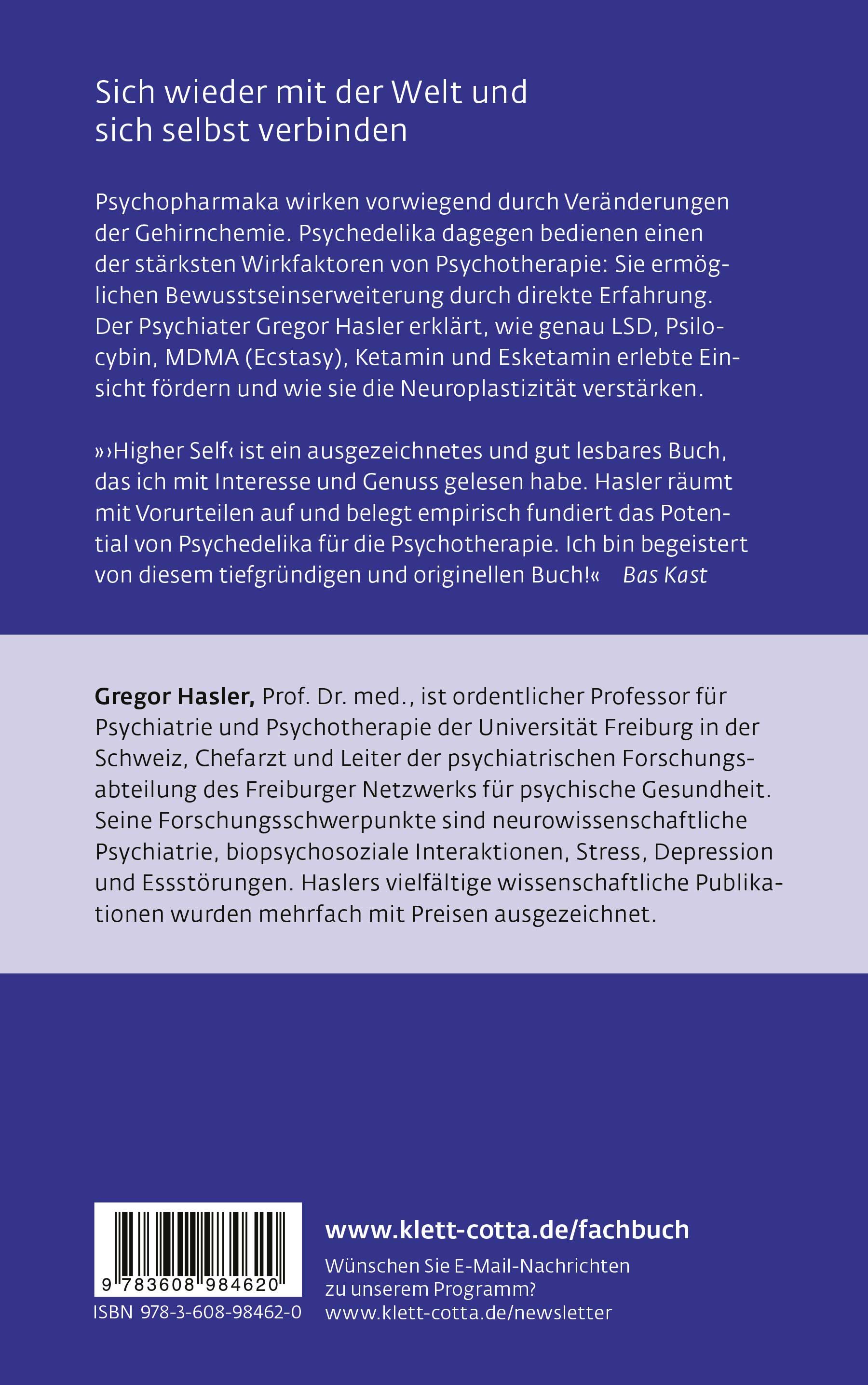 Rückseite des Buches "Higher Self". Text, Autoreninfo, ISBN, Verlag Klett-Cotta. Zitat von Bas Kast.
