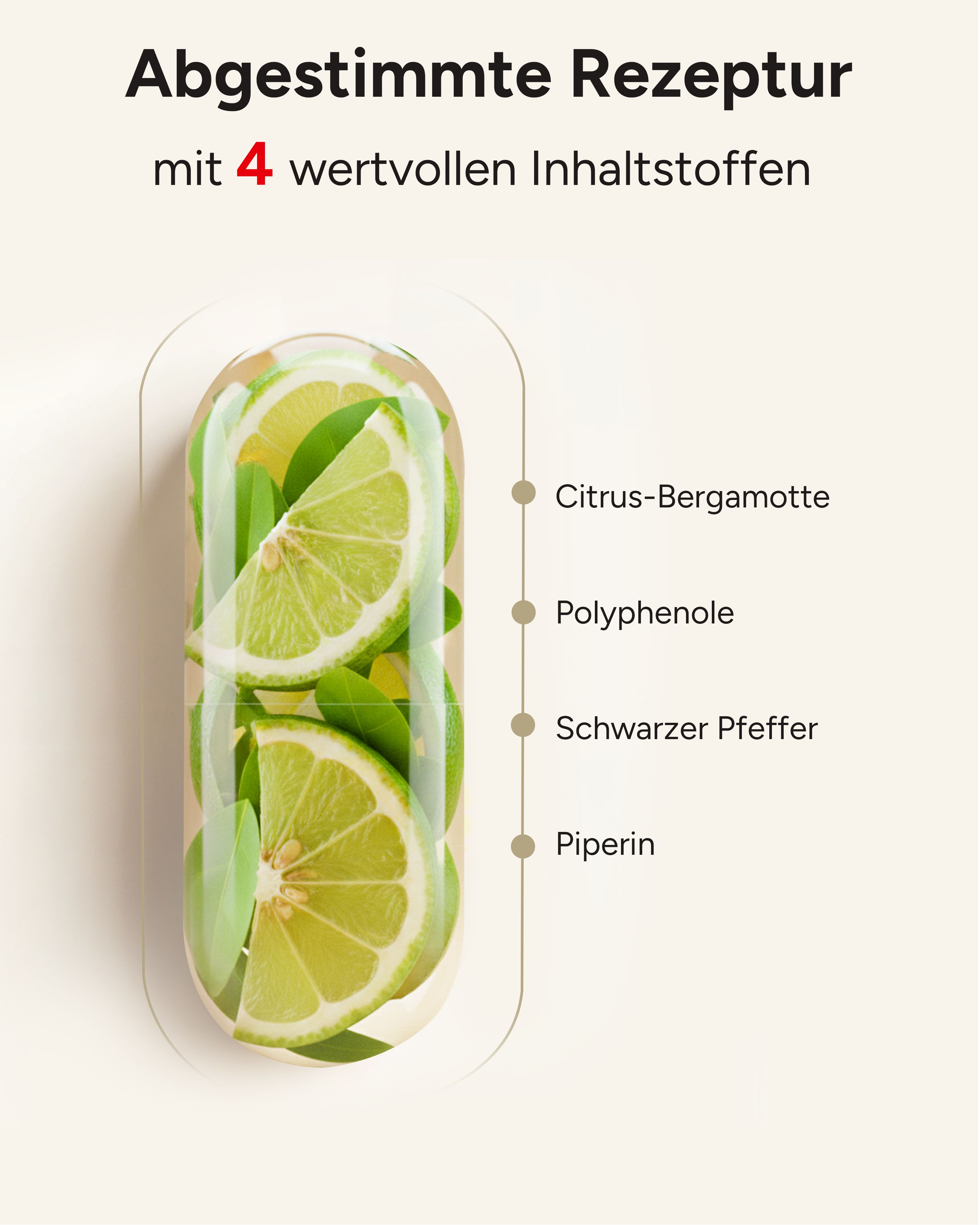 Kapsel mit Zitrus-Bergamotte, Polyphenolen, schwarzem Pfeffer und Piperin. Inhaltsstoffe in einer transparenten Kapsel dargestellt.
