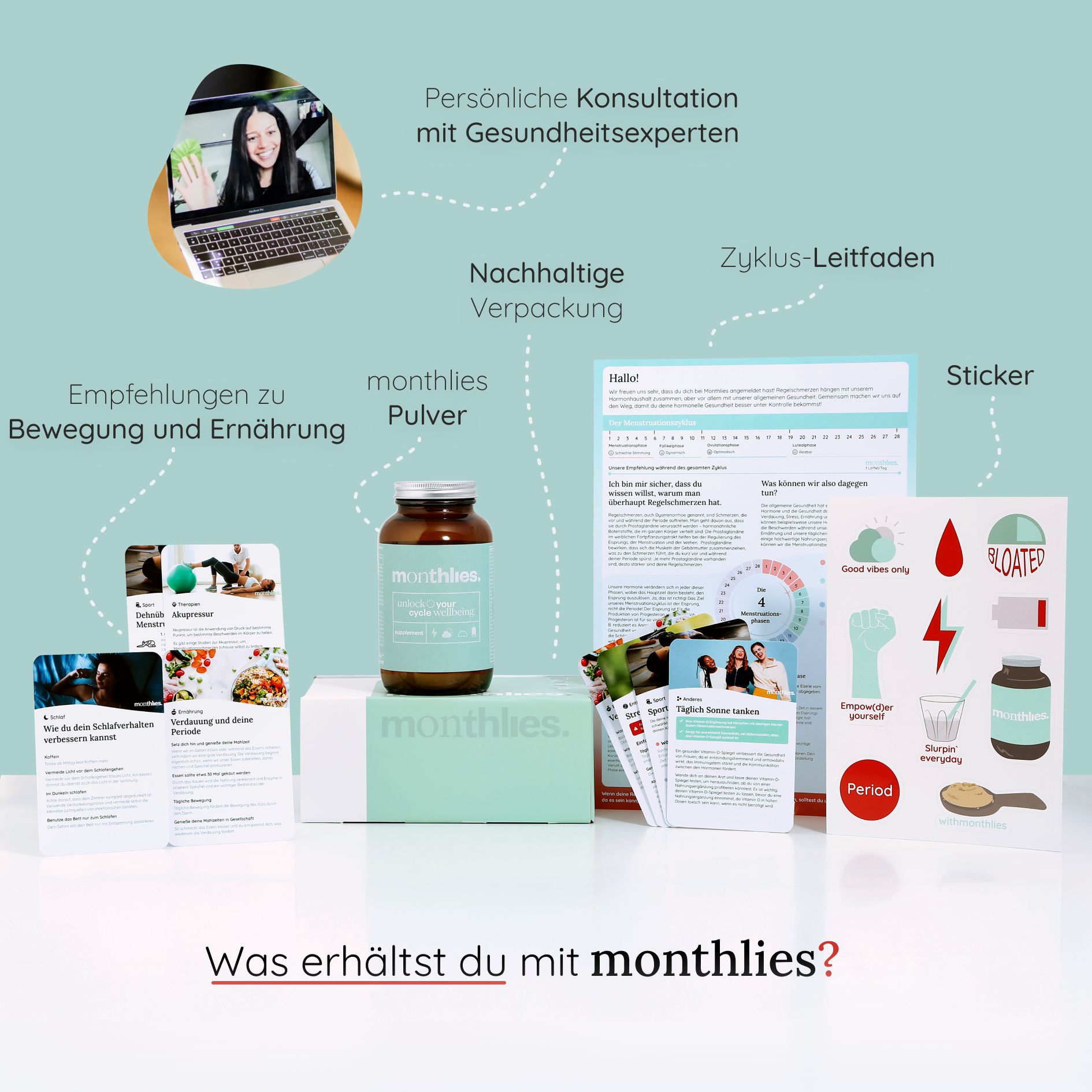 Braune Glasflasche mit monthlies Pulver, umgeben von Karten, Aufklebern und Broschüren. Enthält auch eine Laptop-Videokonferenz.