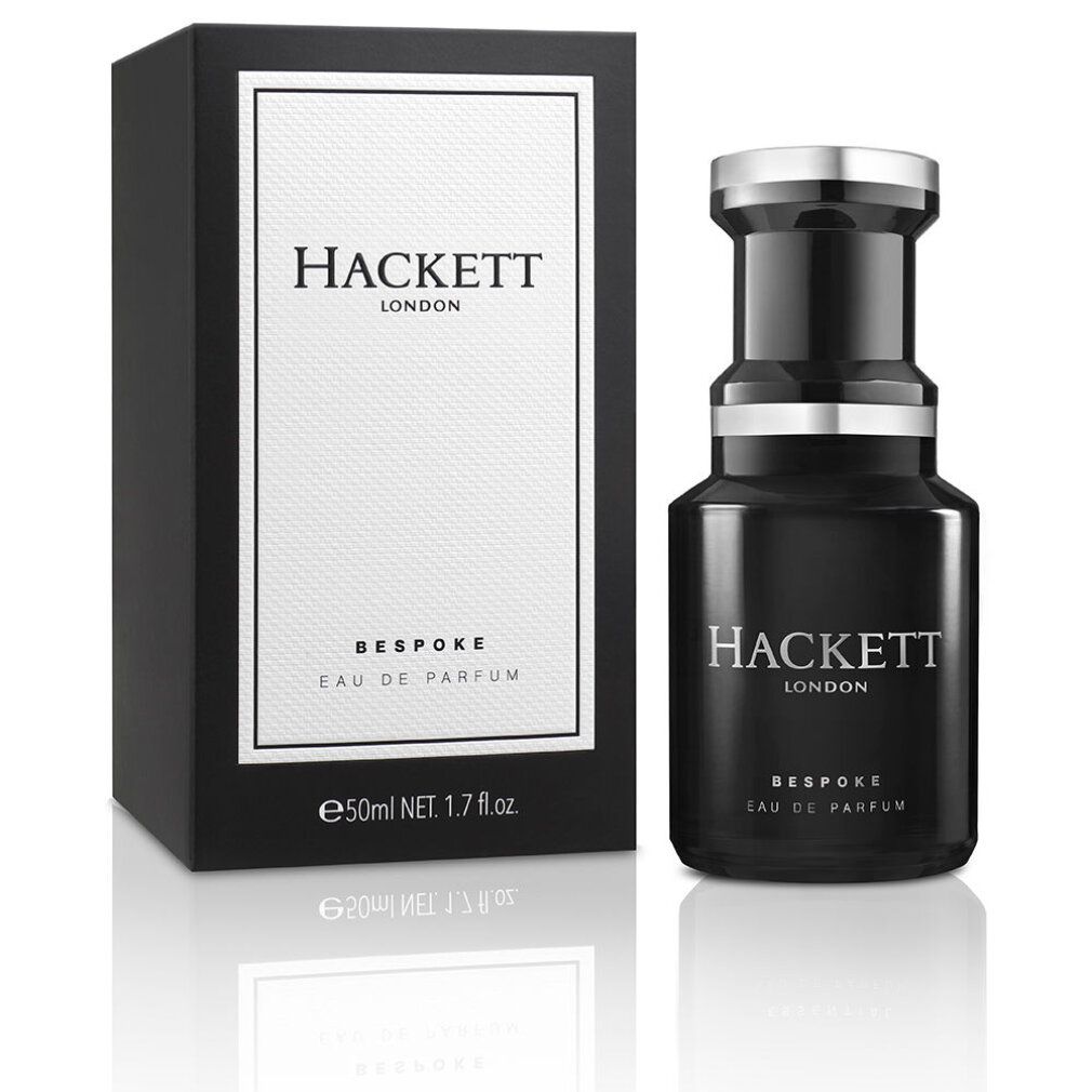 Schwarzer Flakon und Schachtel. Aufschrift: HACKETT LONDON, BESPOKE, EAU DE PARFUM. 50ml NET. 1.7 fl.oz.